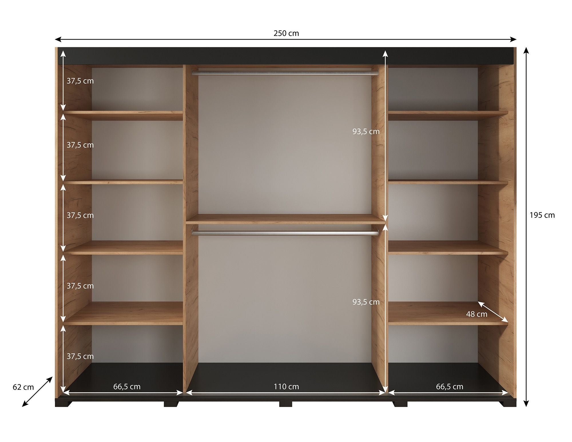 Fabio - Kledingkast met schuifdeuren - Eiken - 250x62x195 cm