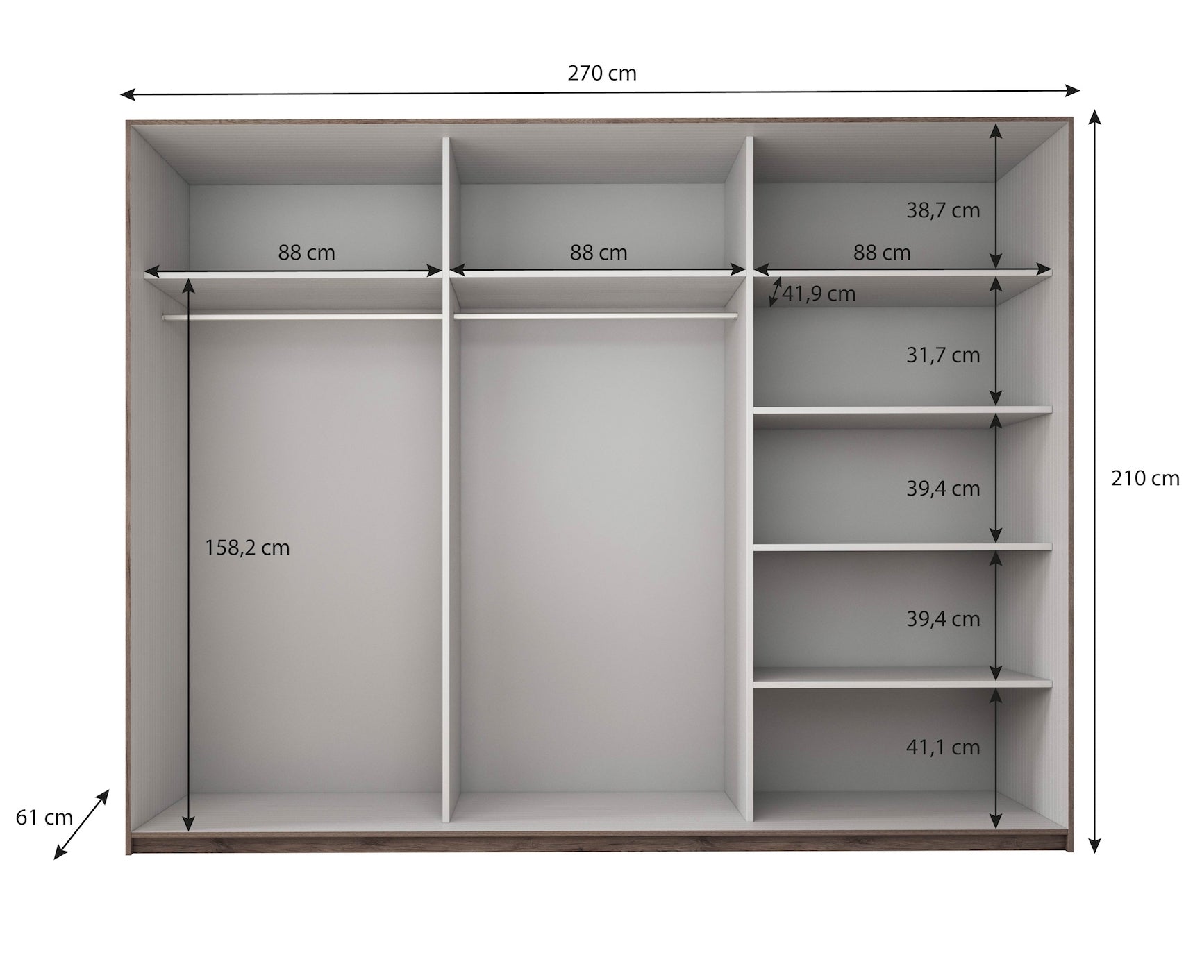 Gina - Kledingkast met schuifdeuren - Eiken - 270x61x210 cm