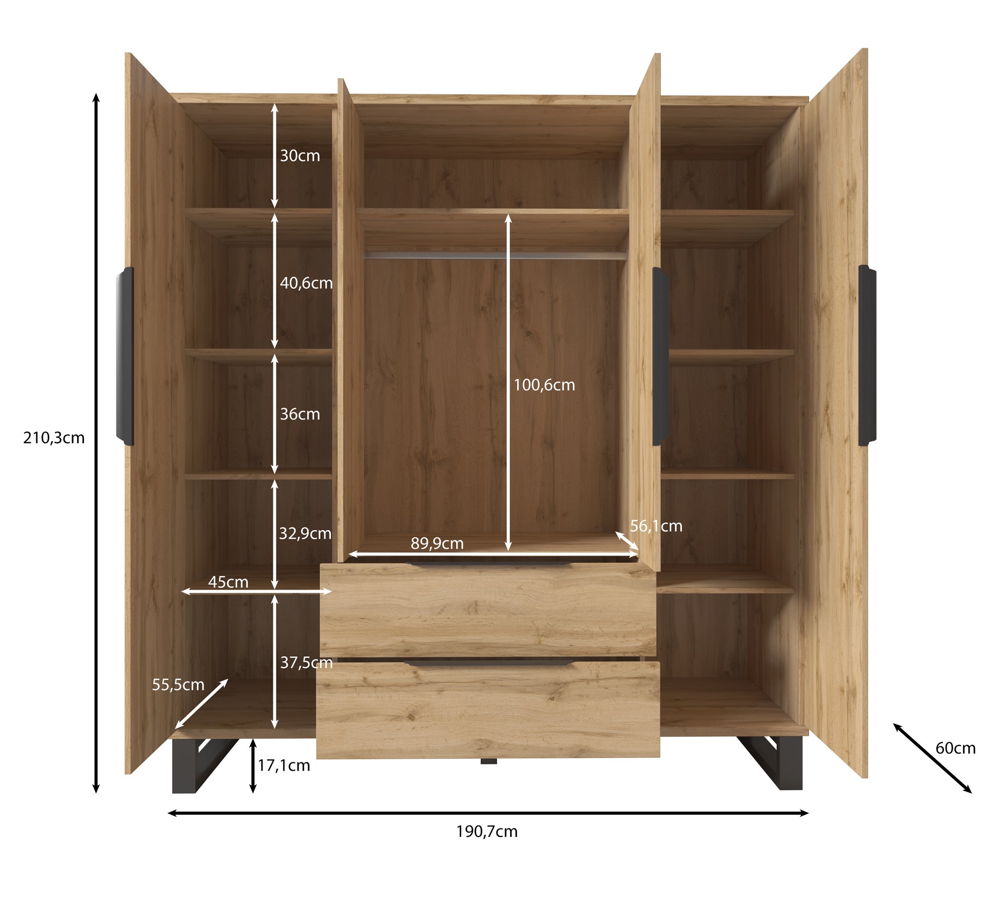 Harlow - Kledingkast 4-deurs - Eiken - 191x60x210 cm