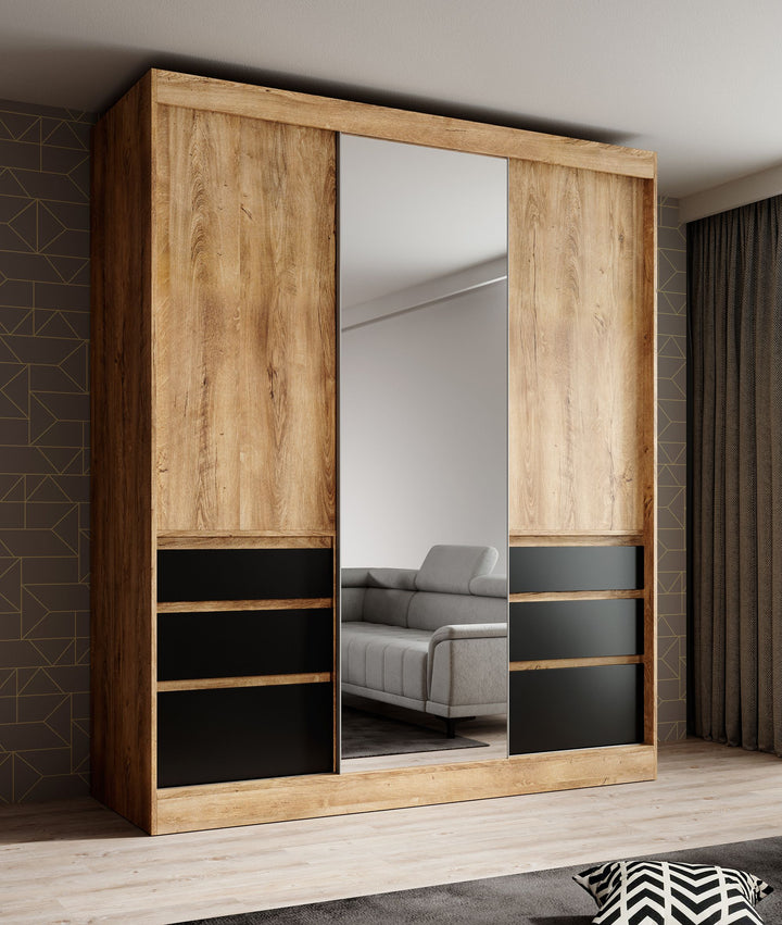 Henry - Kledingkast met schuifdeuren - Eiken/zwart - 180x65x216 cm