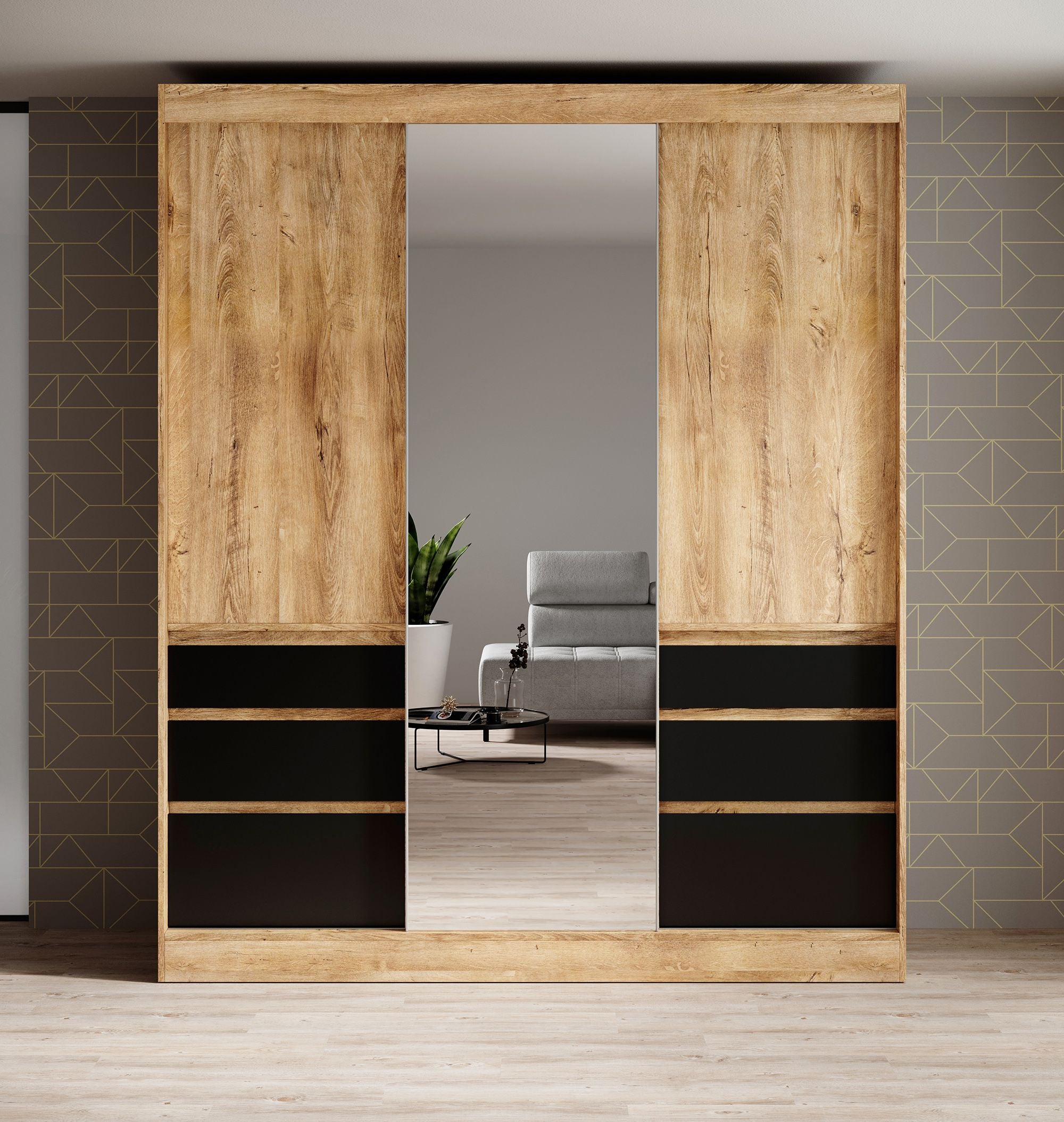 Henry - Kledingkast met schuifdeuren - Eiken/zwart - 180x65x216 cm
