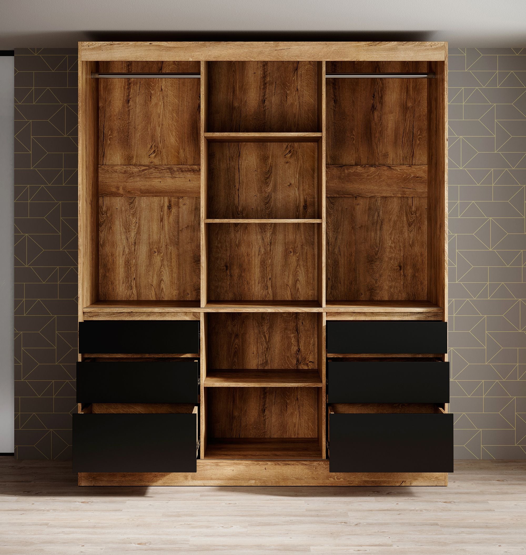 Henry - Kledingkast met schuifdeuren - Eiken/zwart - 180x65x216 cm