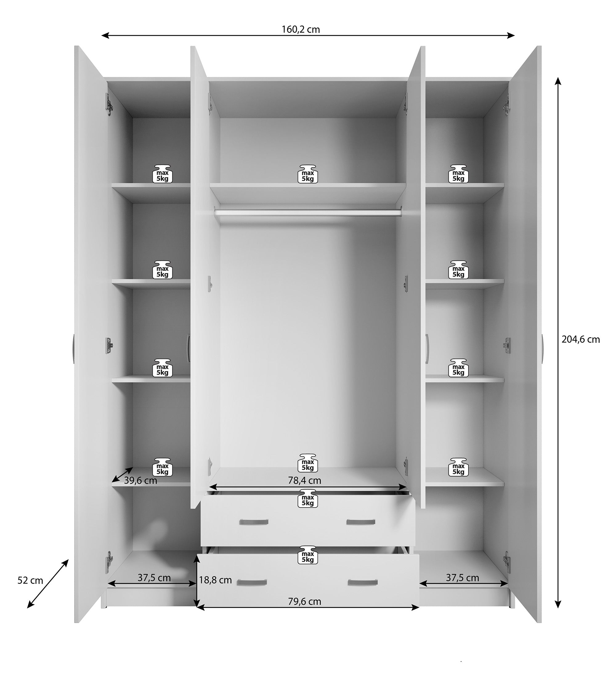 Hinto - Kledingkast 4-deurs - Wit - 160x52x205 cm