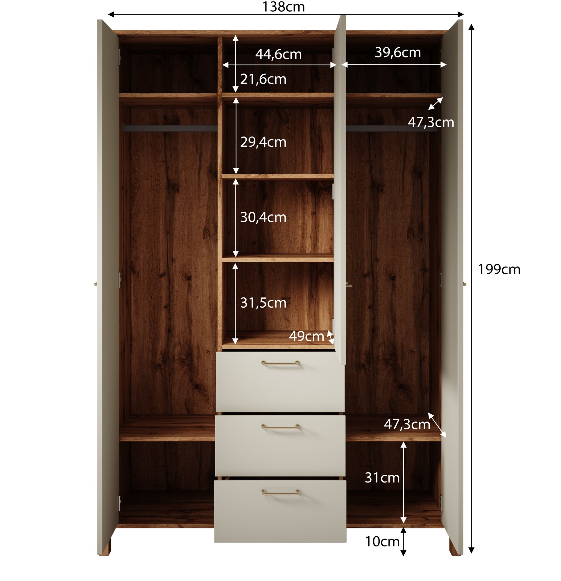Isaac - Kledingkast 3-deurs - Beige - 138x53x199 cm