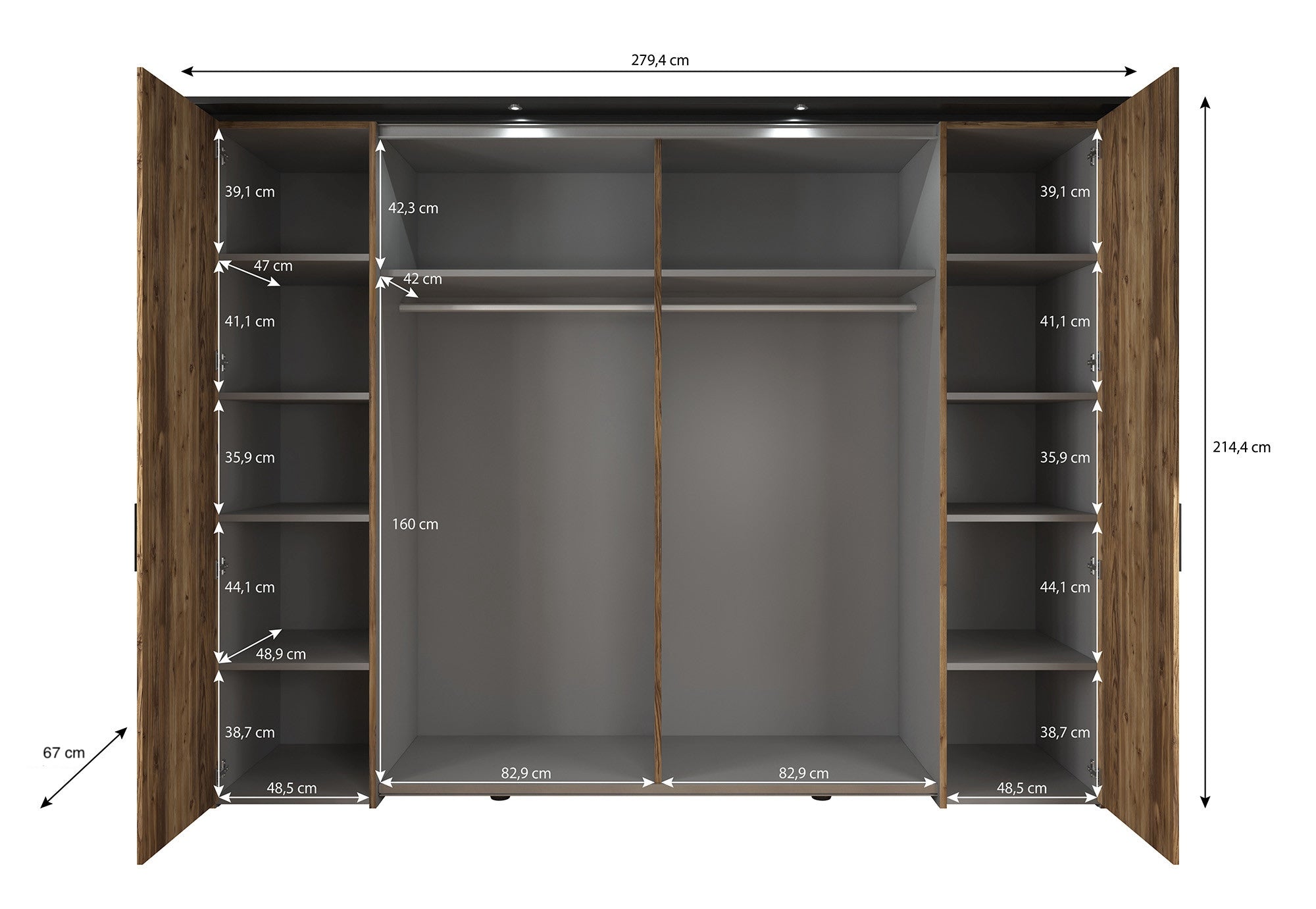 Jacob - Kledingkast met schuifdeuren - Zwart/eiken - 280x67x214 cm