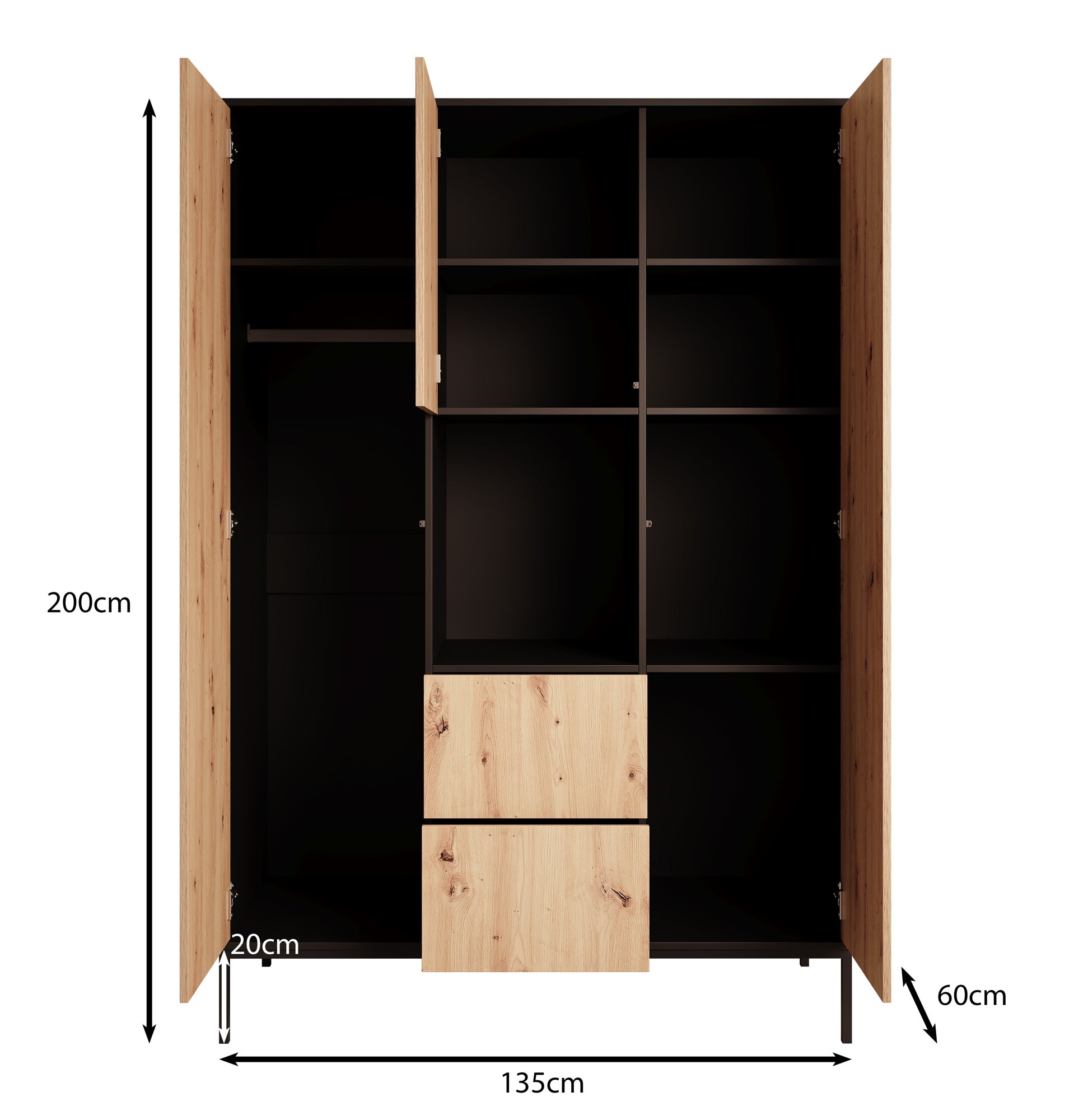 Lagos - Kledingkast 3-deurs - Zwart - 135x60x200 cm