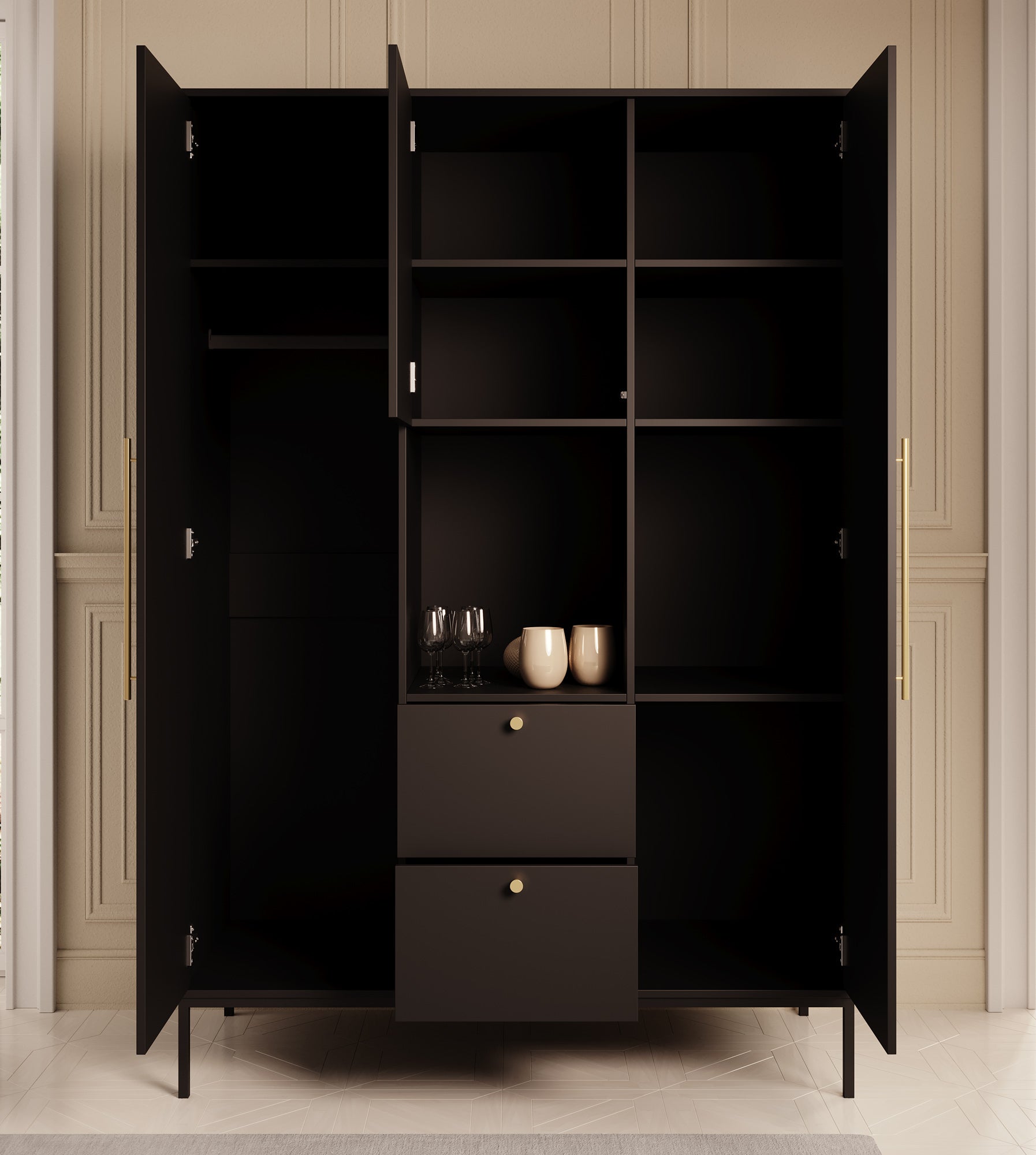 Lagos - Kledingkast 3-deurs - Zwart - 135x60x200 cm