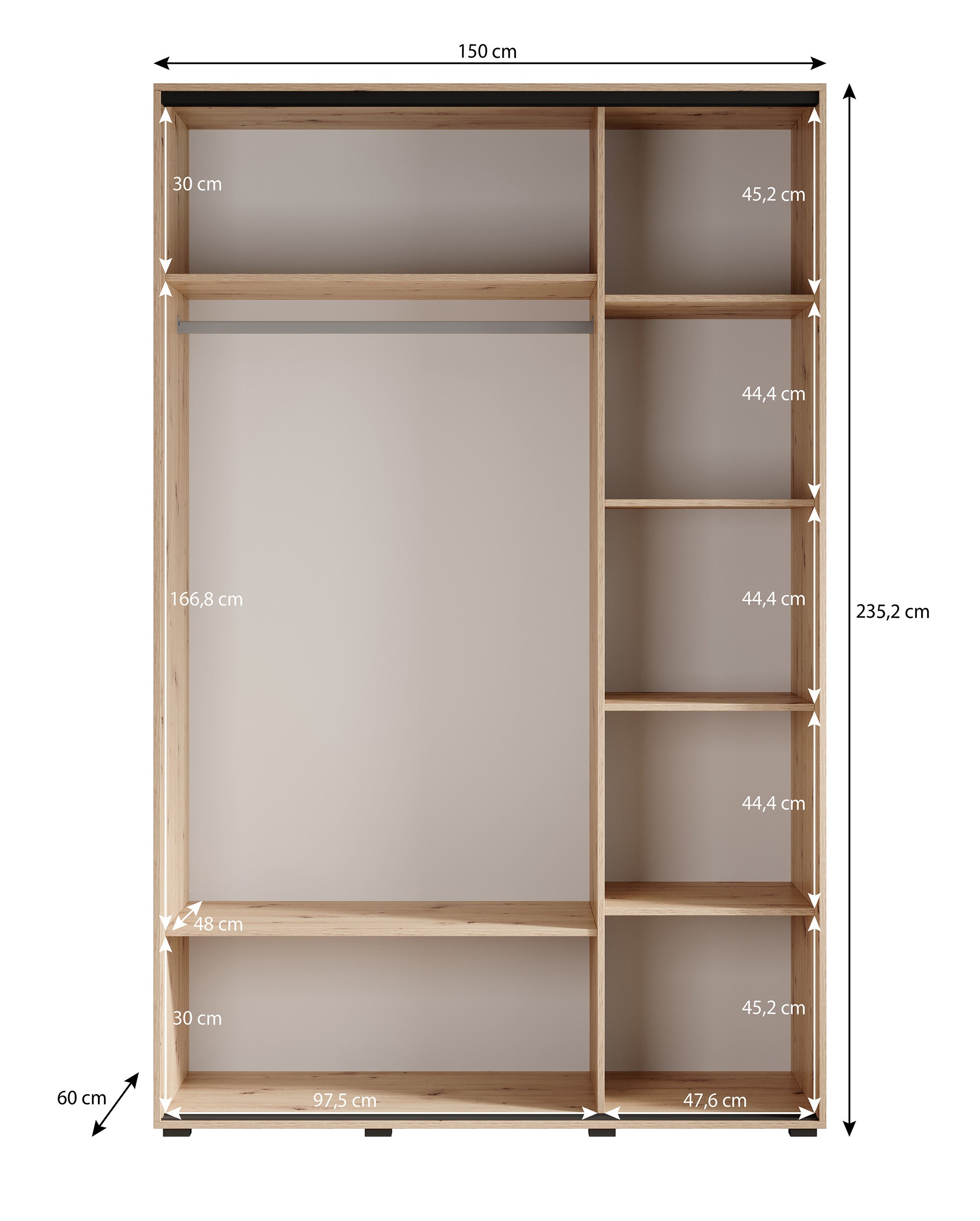 Leandro - Kledingkast met schuifdeuren - Zwart - 150x60x235 cm