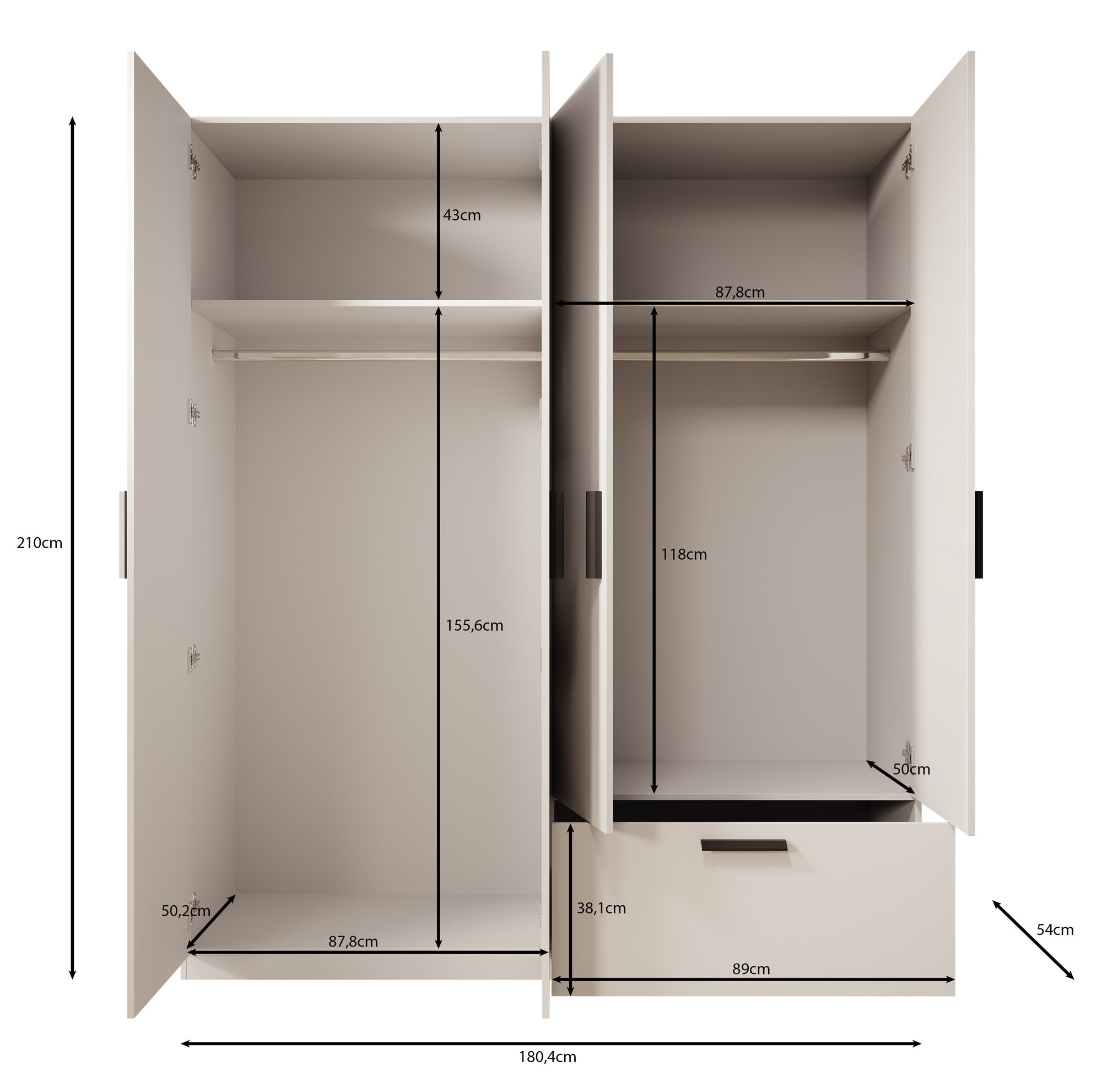 Lillian - Kledingkast 4-deurs - Wit - 180x54x210 cm