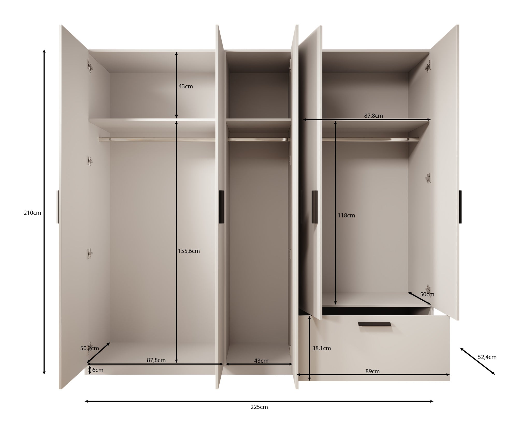 Lillian - Kledingkast met lade - Wit - 225x54x210 cm