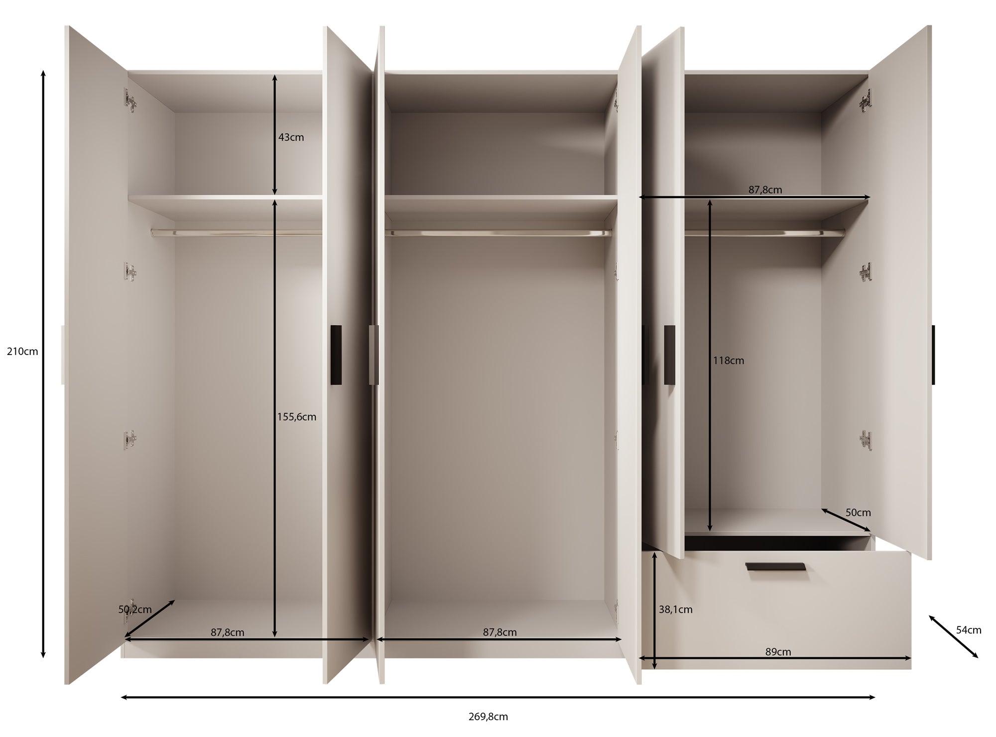 Lillian - Kledingkast 6-deurs - Wit - 270x54x210 cm