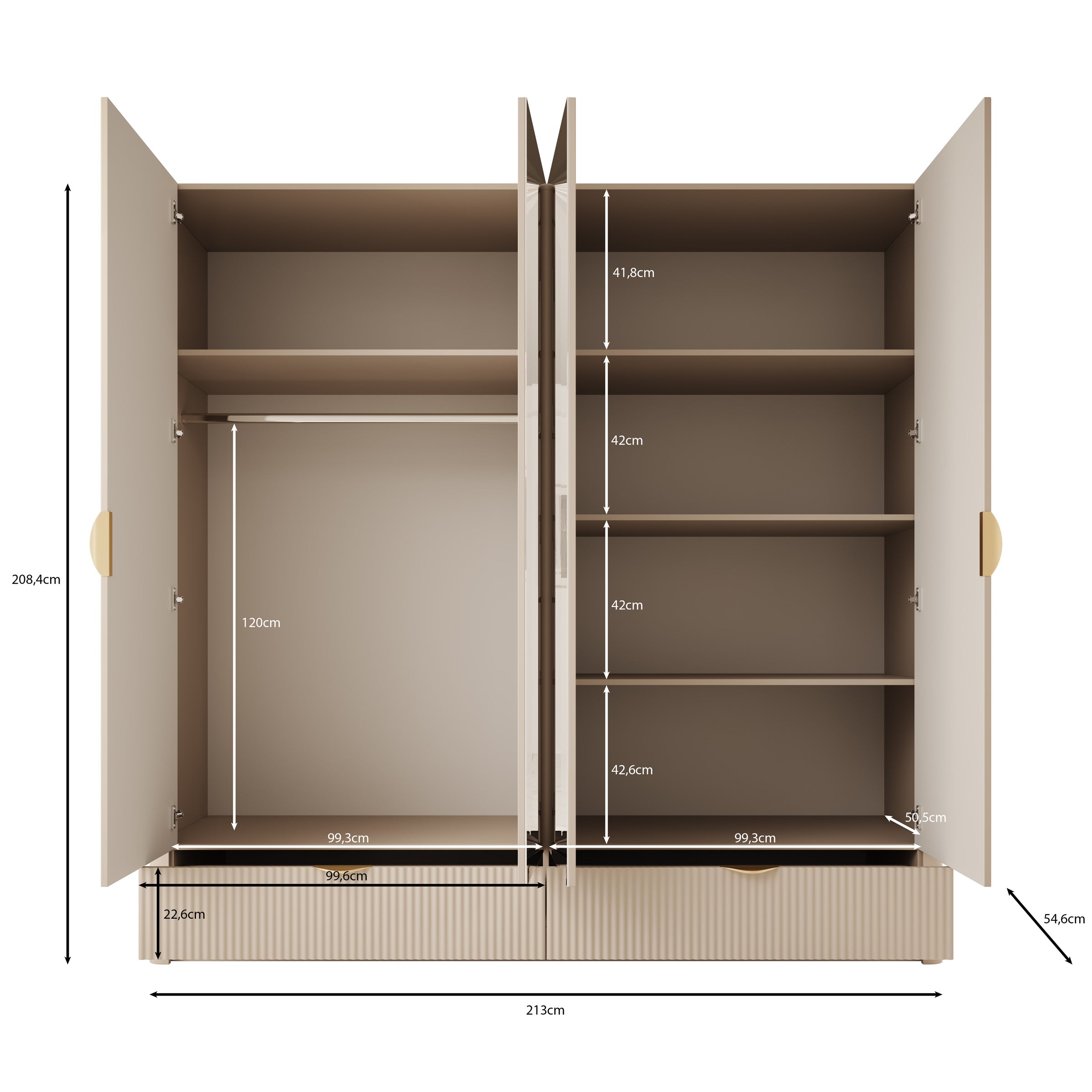 Lima - Kledingkast 4-deurs - Beige - 213x55x208 cm