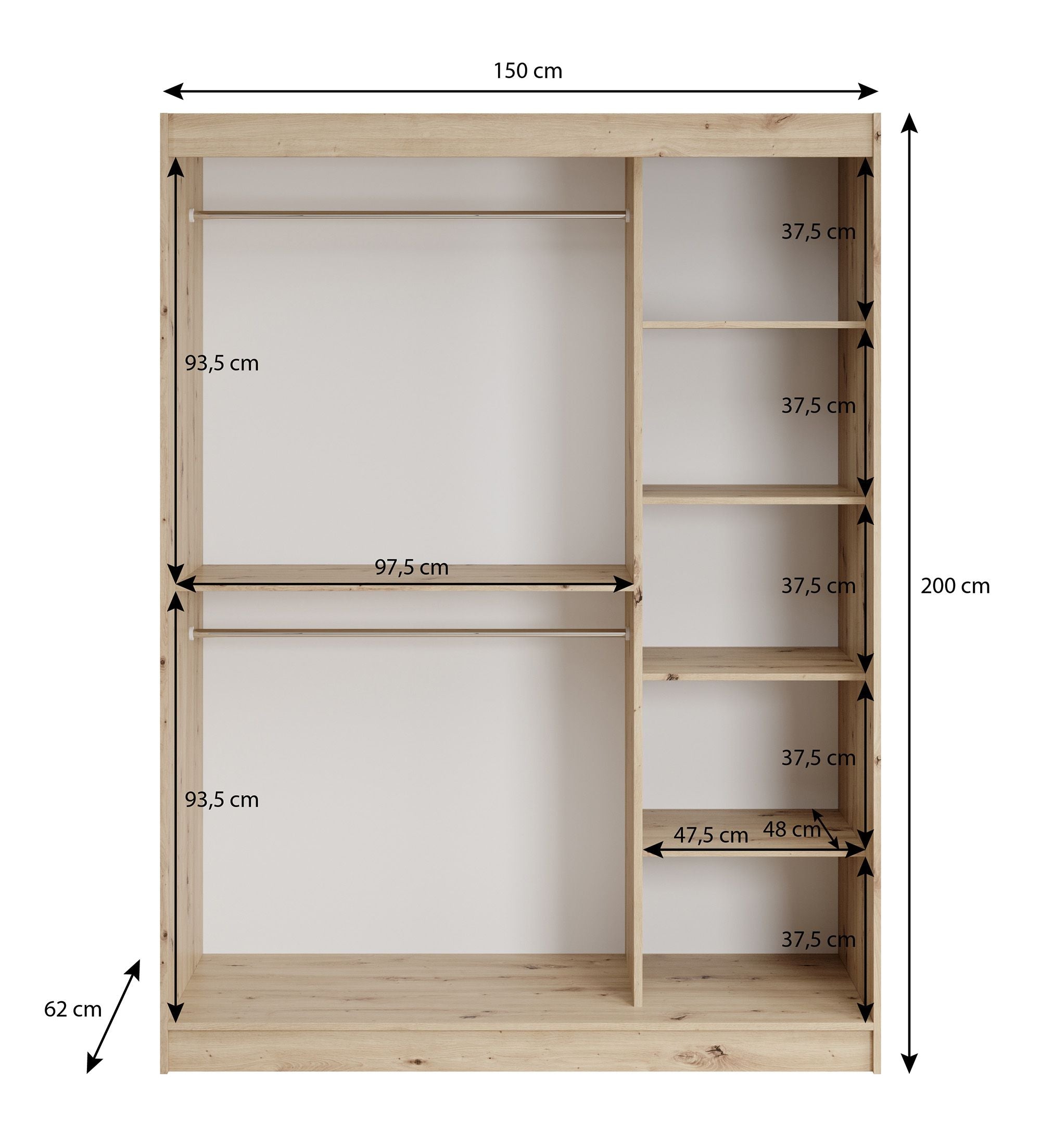 Lisbon 2 - Kledingkast met schuifdeuren - Eiken - 150x62x200 cm