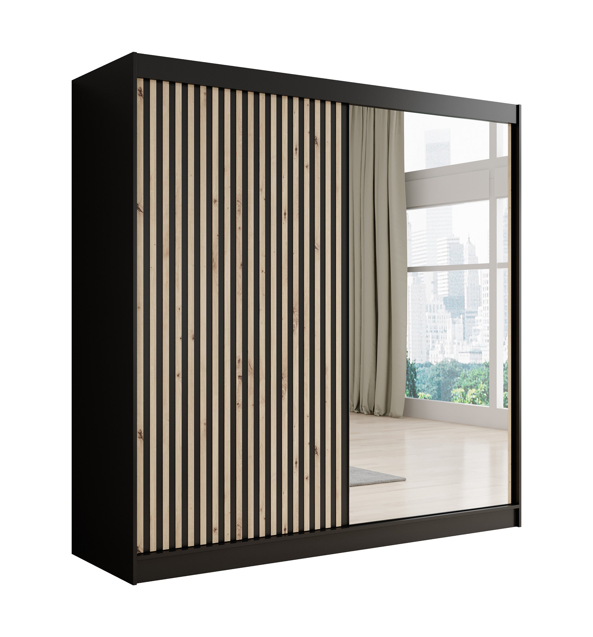 Lisbon 2 - Kledingkast met schuifdeuren - Zwart/eiken - 200x62x200 cm