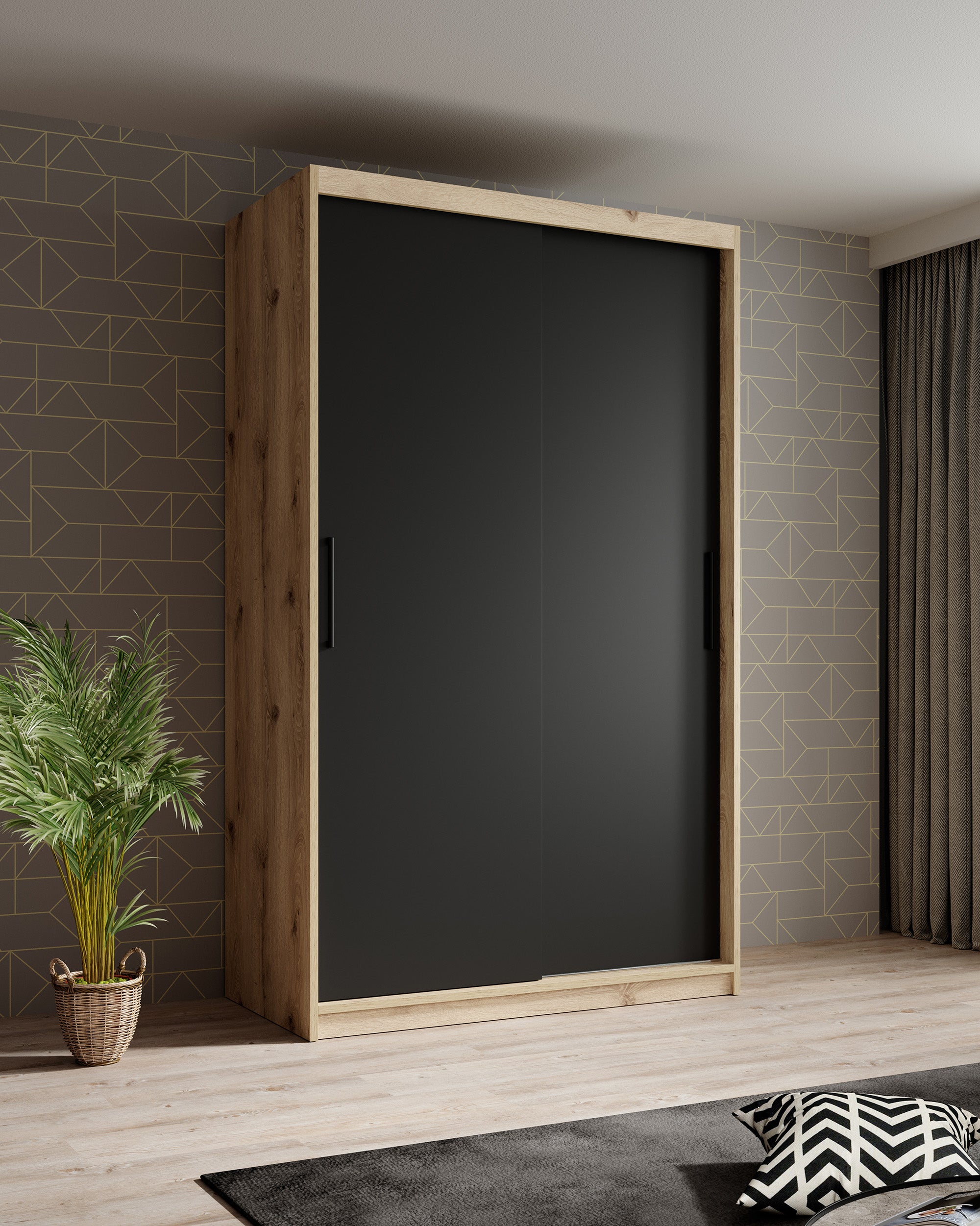 Luxor - Kledingkast met schuifdeuren - Zwart/eiken - 120x62x200 cm