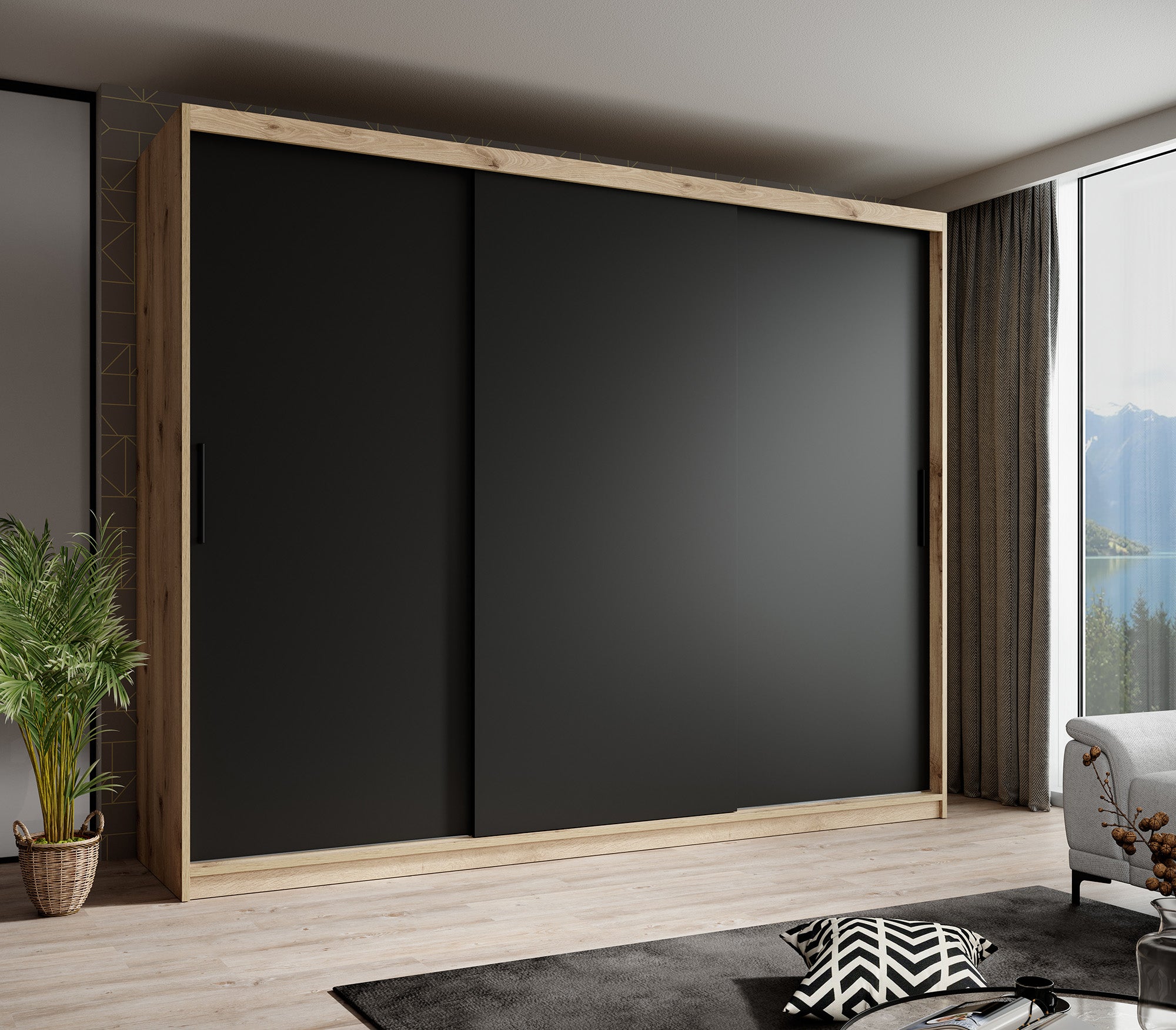 Luxor - Kledingkast met schuifdeuren - Zwart/eiken - 250x62x200 cm
