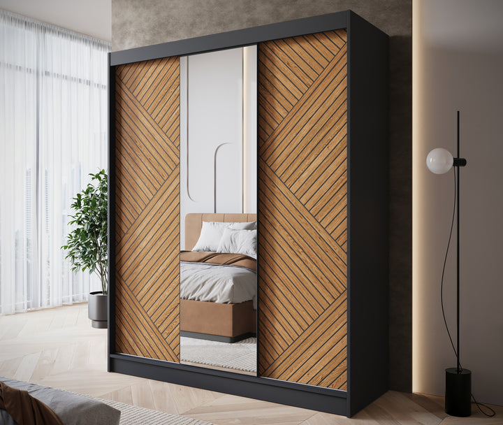Macerata - Kledingkast met spiegel - Zwart - 180x60x220 cm
