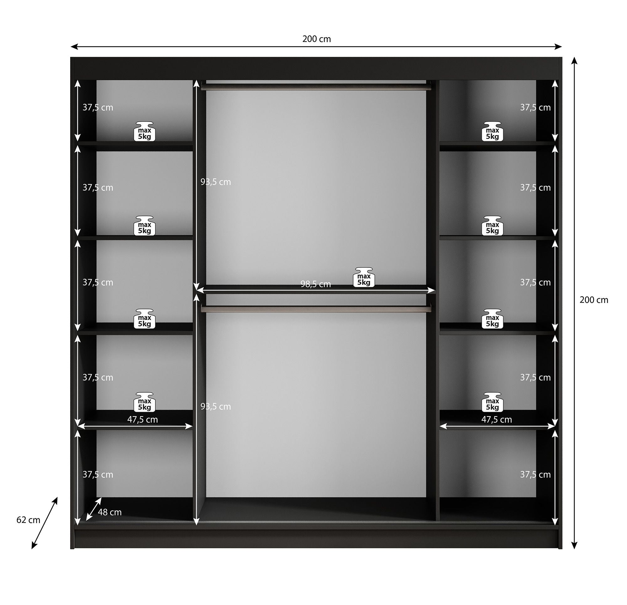 Malavi 2 - Kledingkast met schuifdeuren - Zwart - 200x62x200 cm