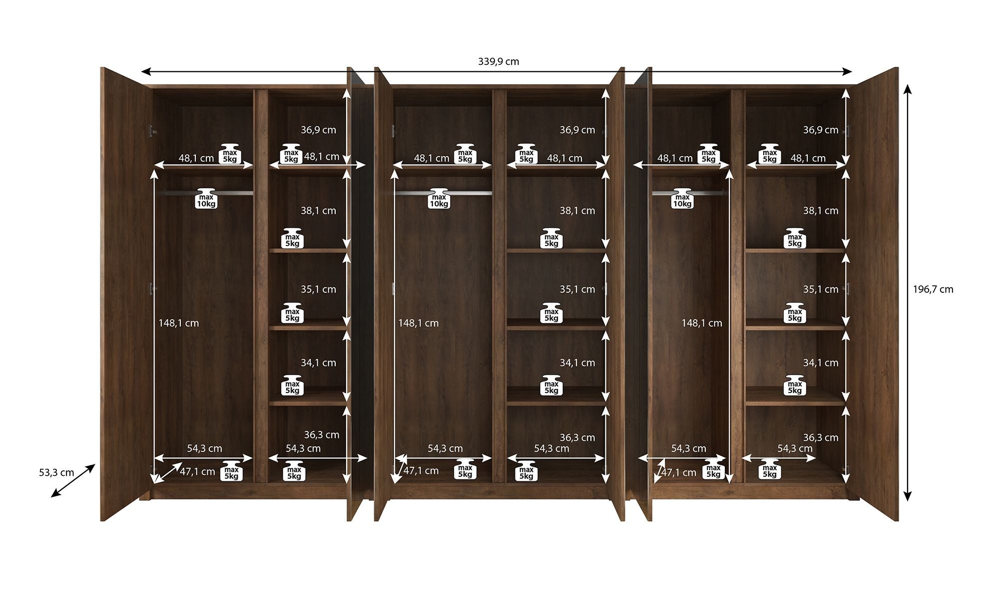 Malibu - Kledingkast 6-deurs - Wit - 340x53x197 cm