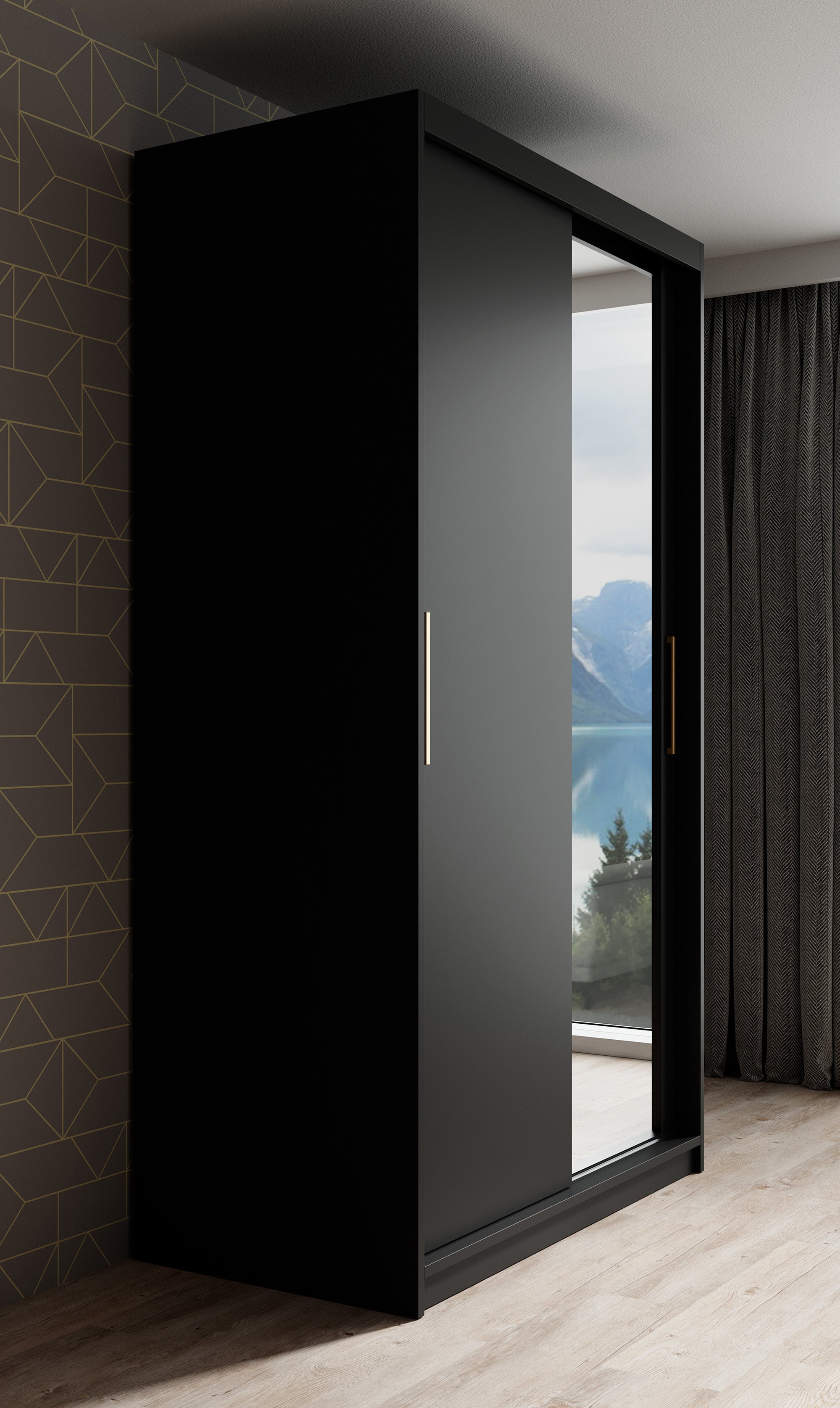 Mandalin - Kledingkast met spiegel - Zwart - 120x62x200 cm