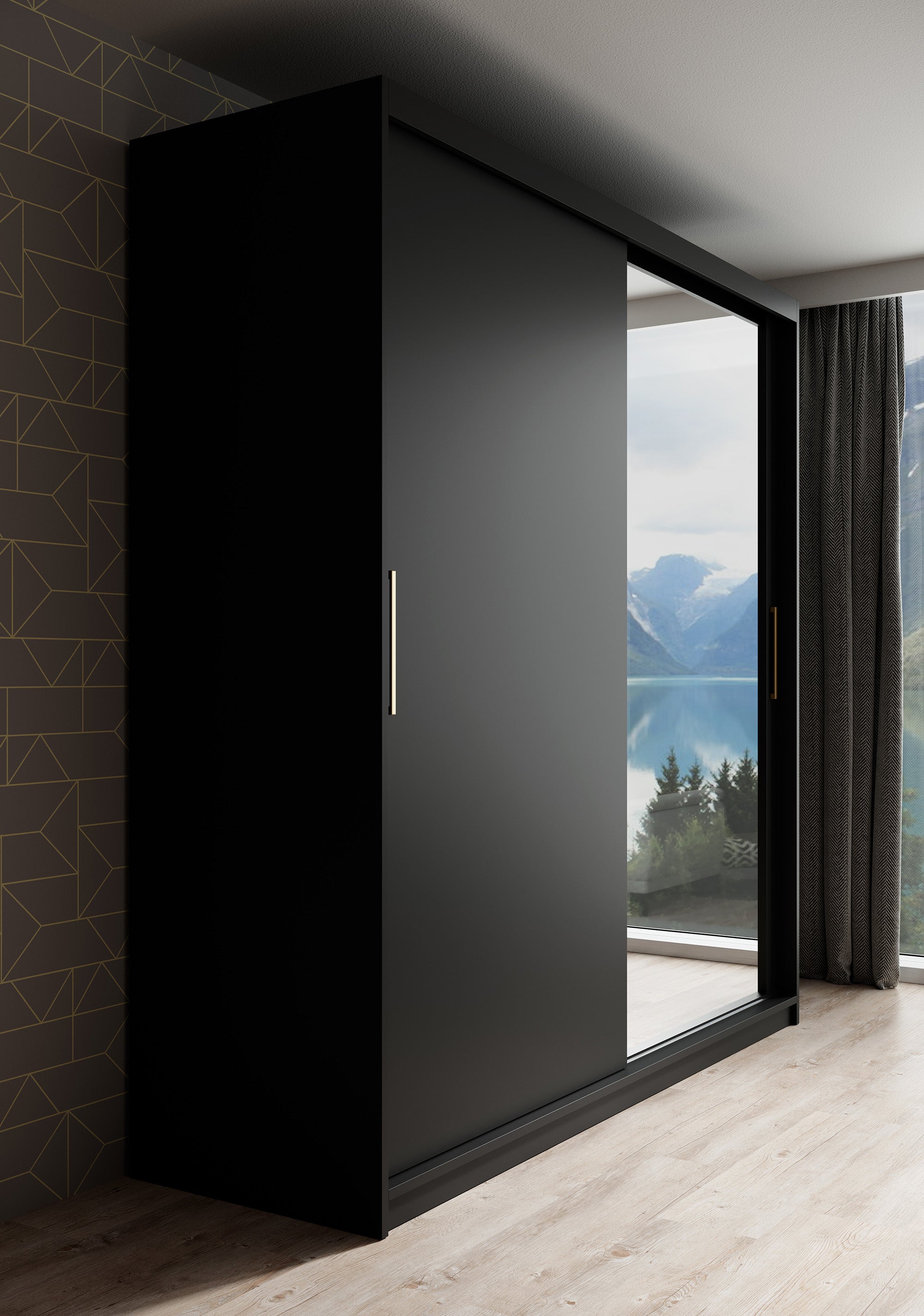 Mandalin - Kledingkast met spiegel - Zwart - 200x62x200 cm