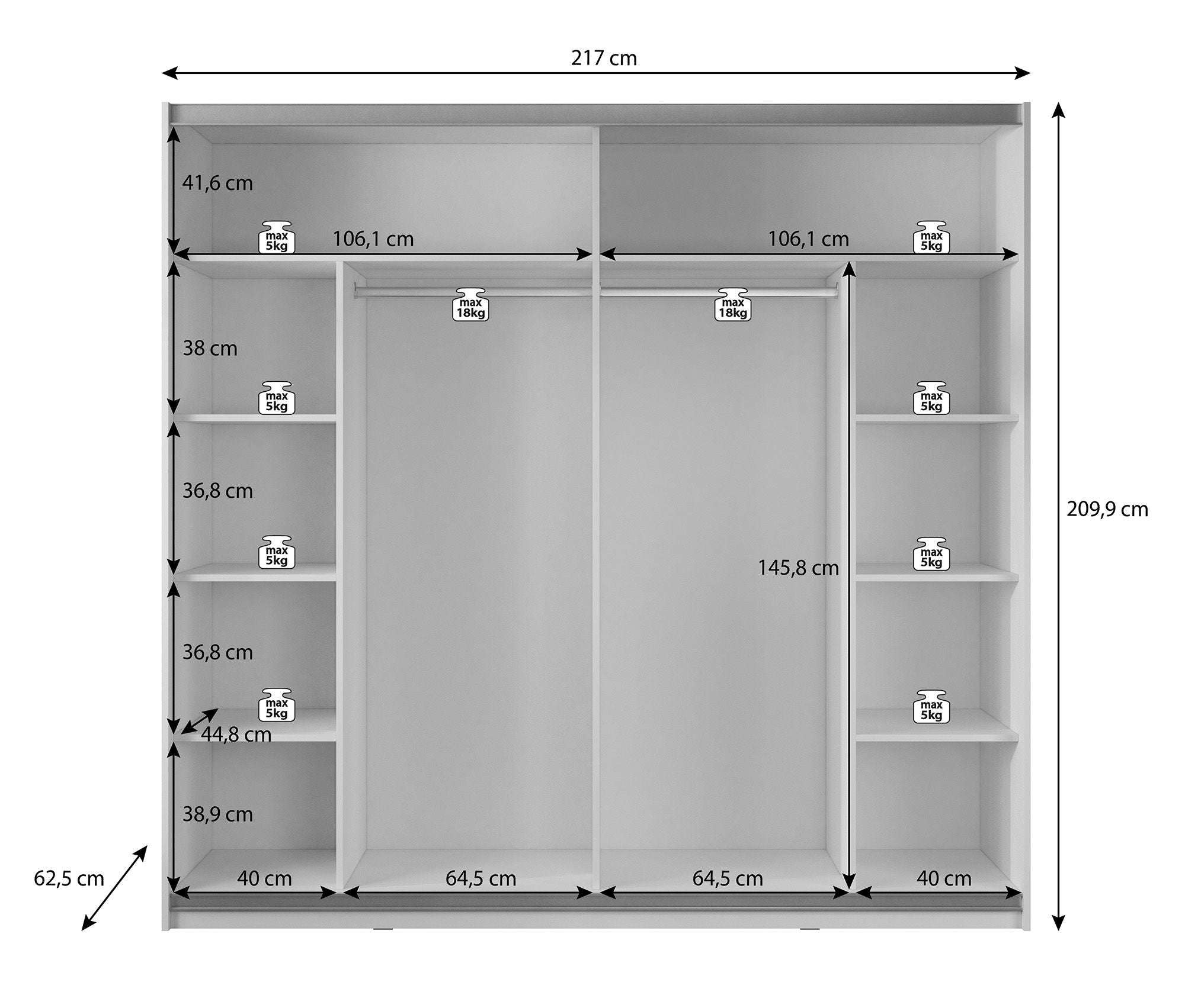 Mariah - Kledingkast met schuifdeuren - Wit  - 217x63x210 cm