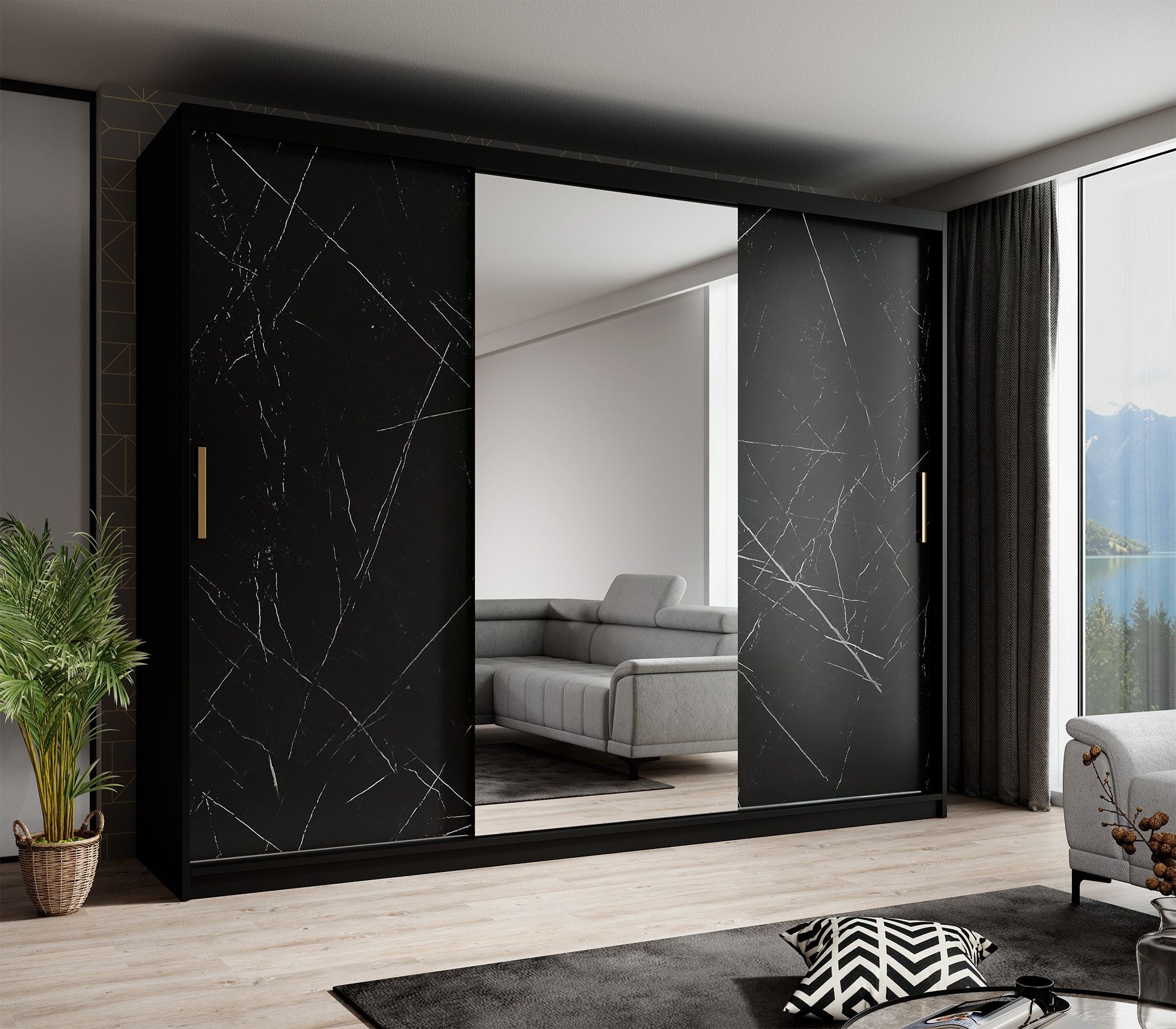 Marmer 2 - Kledinkast met schuifdeuren - Zwart - 250x62x200 cm