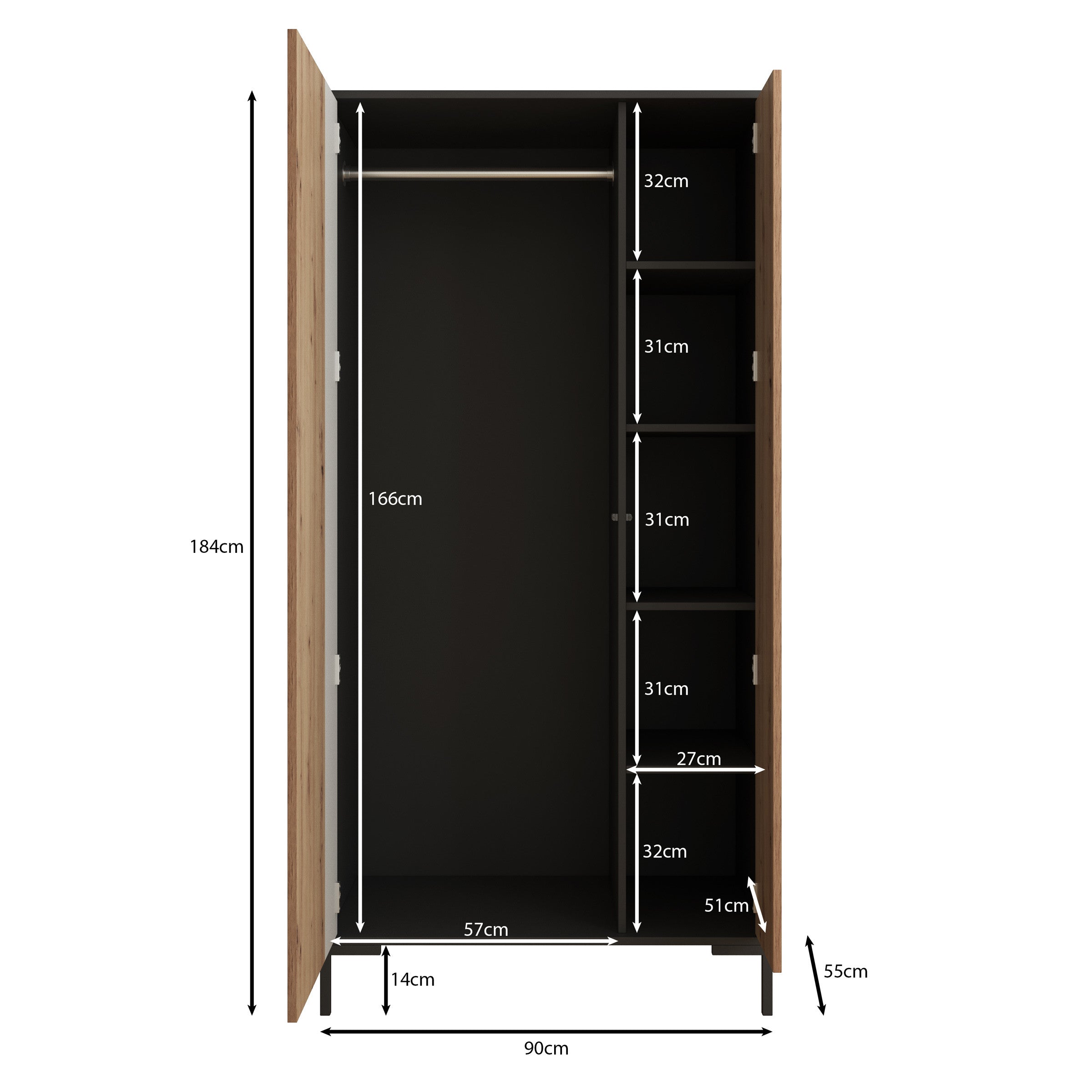 Molina - Kledingkast 2-deurs - Eiken - 90x55x184 cm