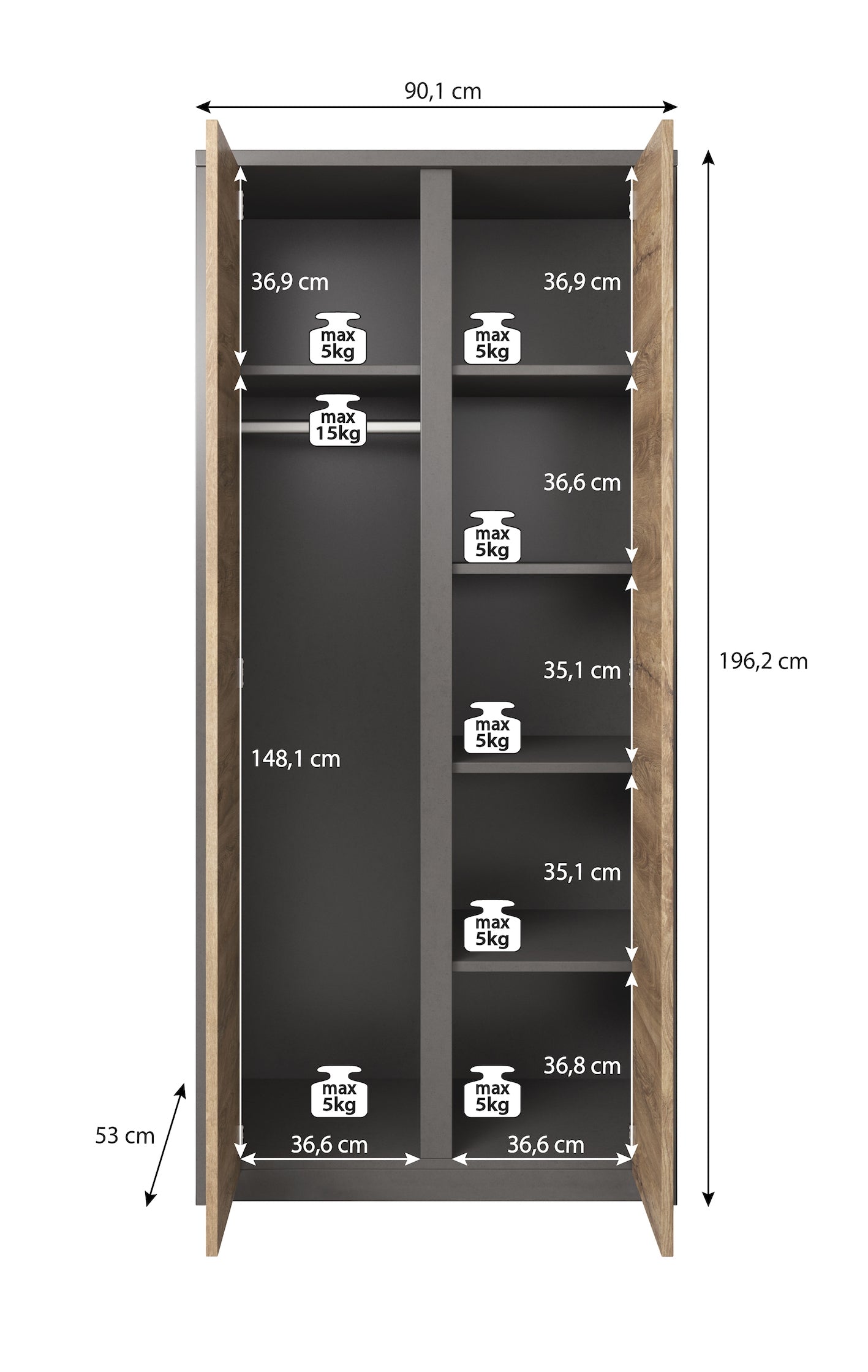 Melody - Kledingkast 2-deurs - Wit/eiken - 90x53x197 cm
