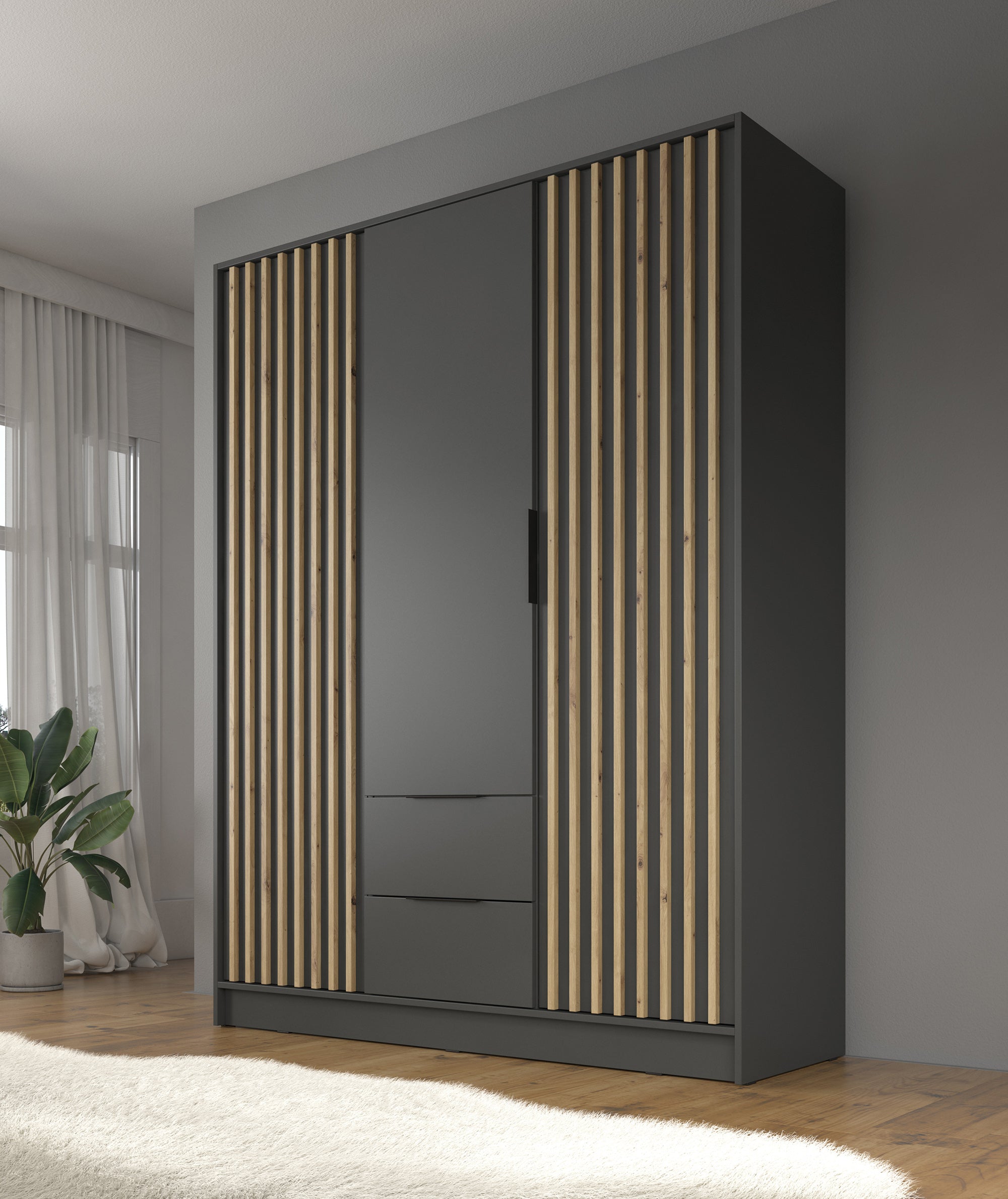 Nairobi - Kledingkast 3-deurs - Antraciet/eiken  - 155x51x200 cm