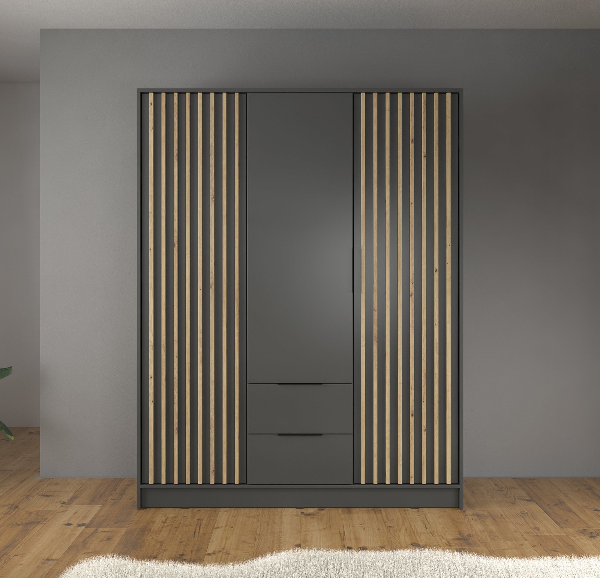 Nairobi - Kledingkast 3-deurs - Antraciet/eiken  - 155x51x200 cm