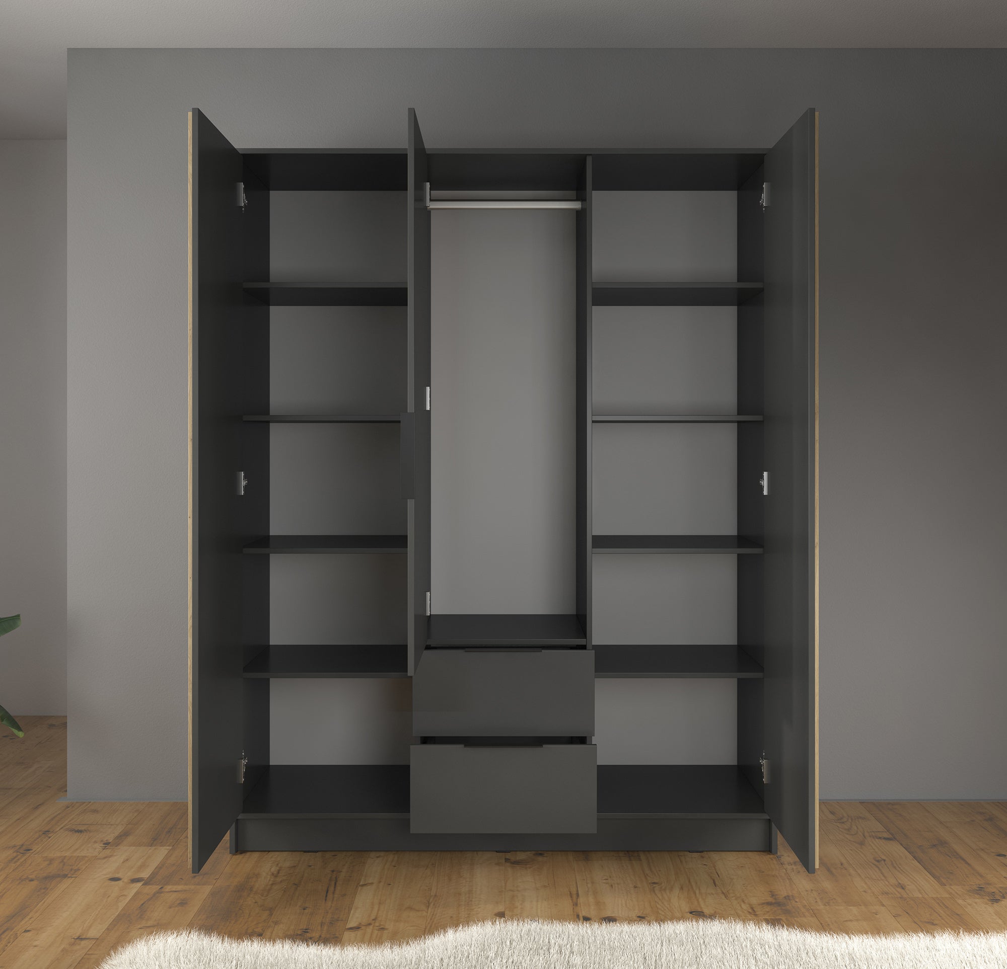 Nairobi - Kledingkast 3-deurs - Antraciet/eiken  - 155x51x200 cm