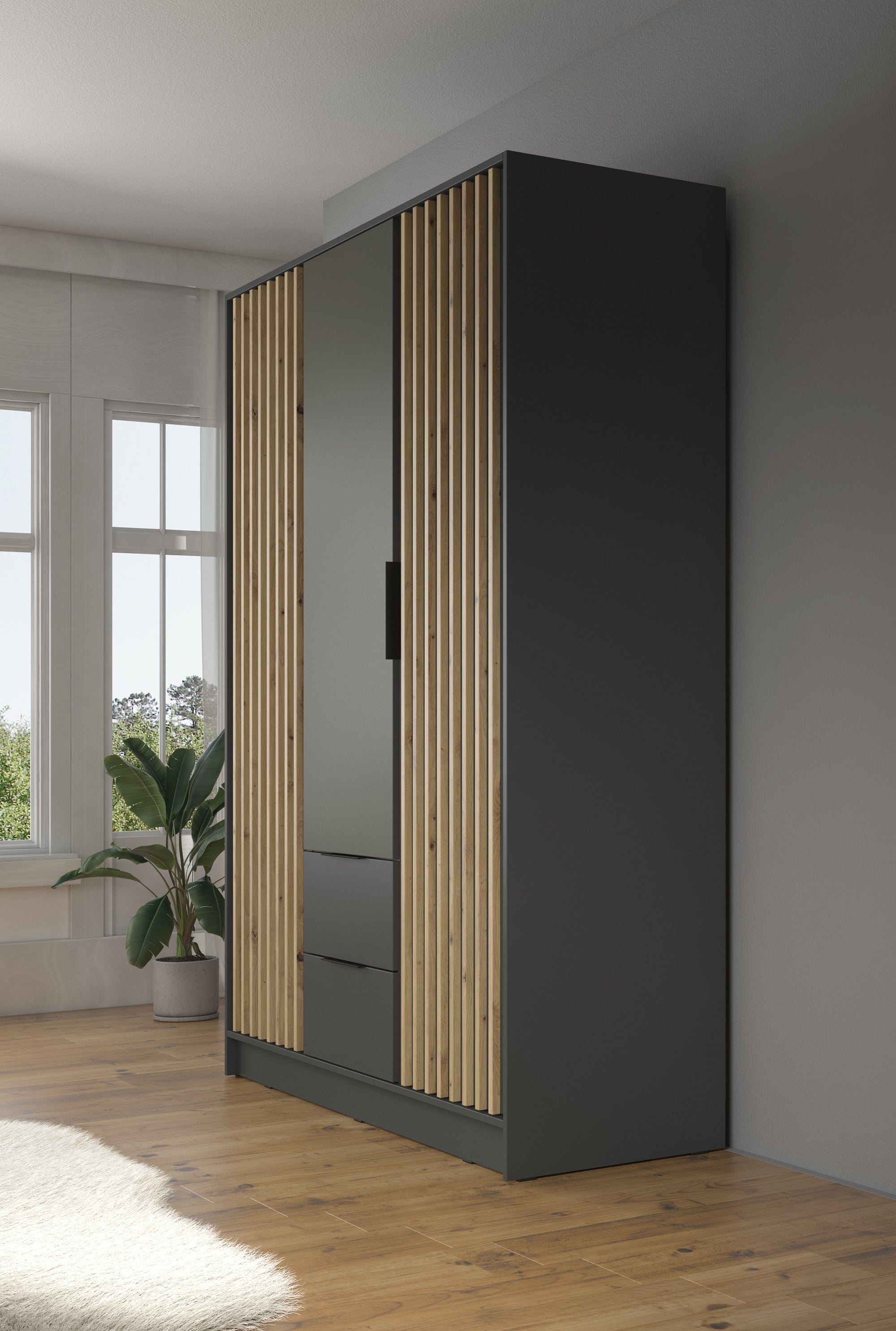 Nairobi - Kledingkast 3-deurs - Antraciet/eiken  - 155x51x200 cm
