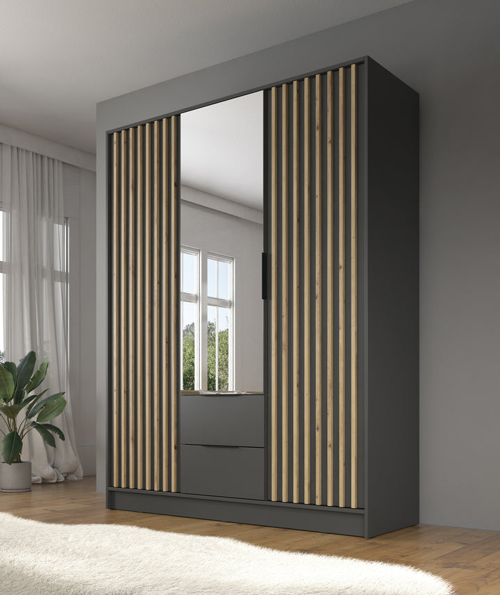 Nairobi - Kledingkast met spiegel - Antraciet/eiken  - 155x51x200 cm