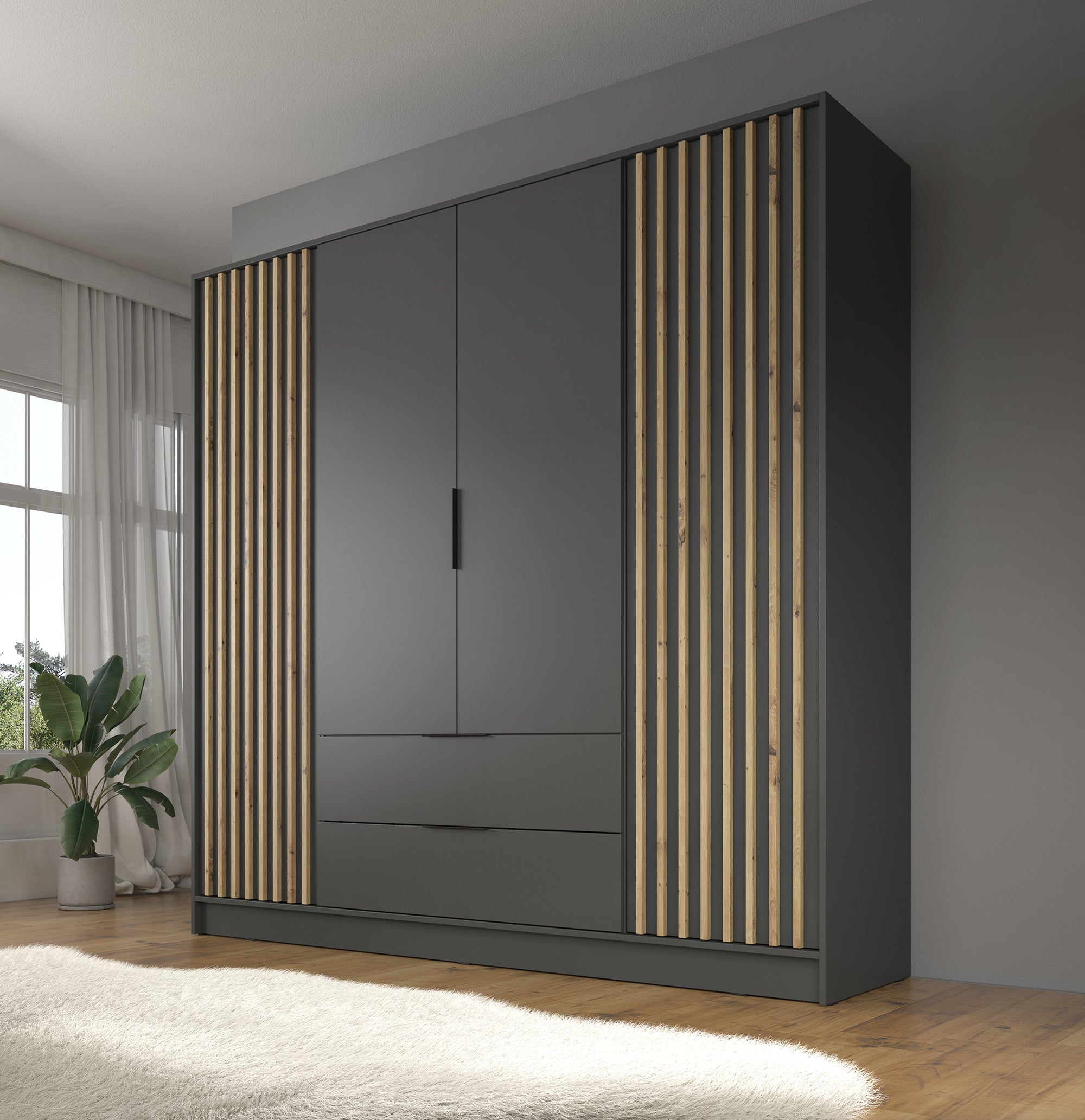 Nairobi - Kledingkast 4-deurs - Antraciet/eiken  - 206x51x200 cm