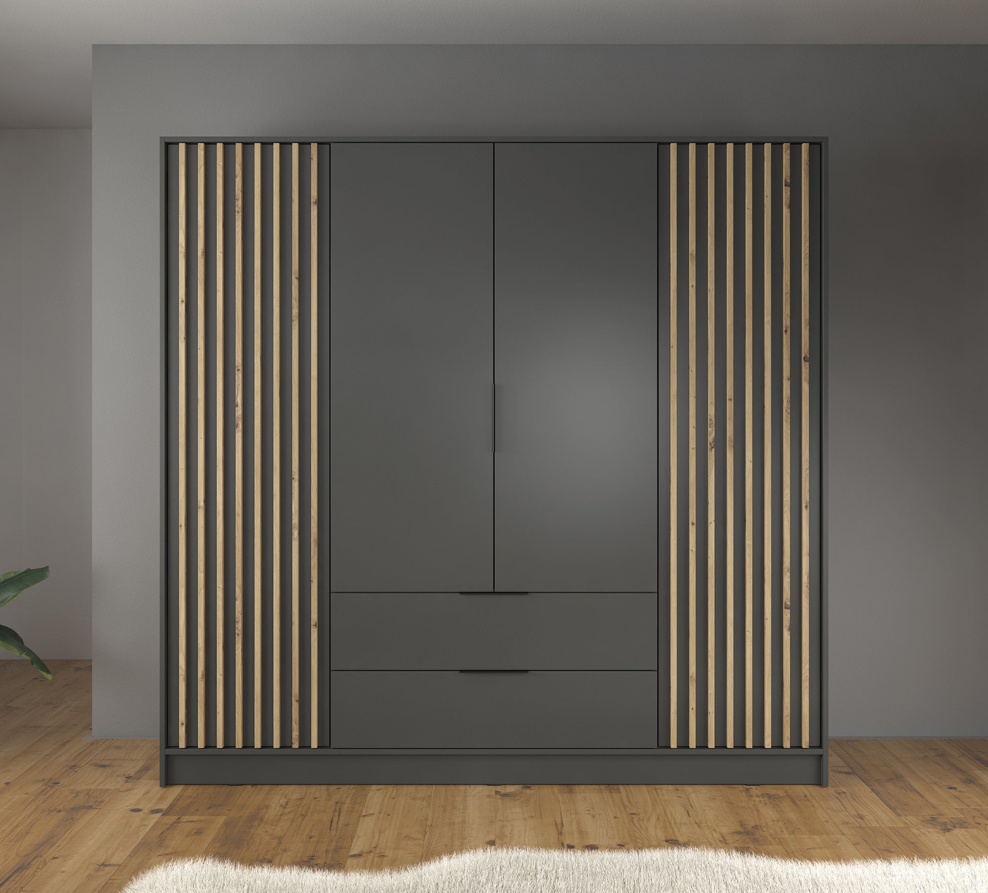Nairobi - Kledingkast 4-deurs - Antraciet/eiken  - 206x51x200 cm