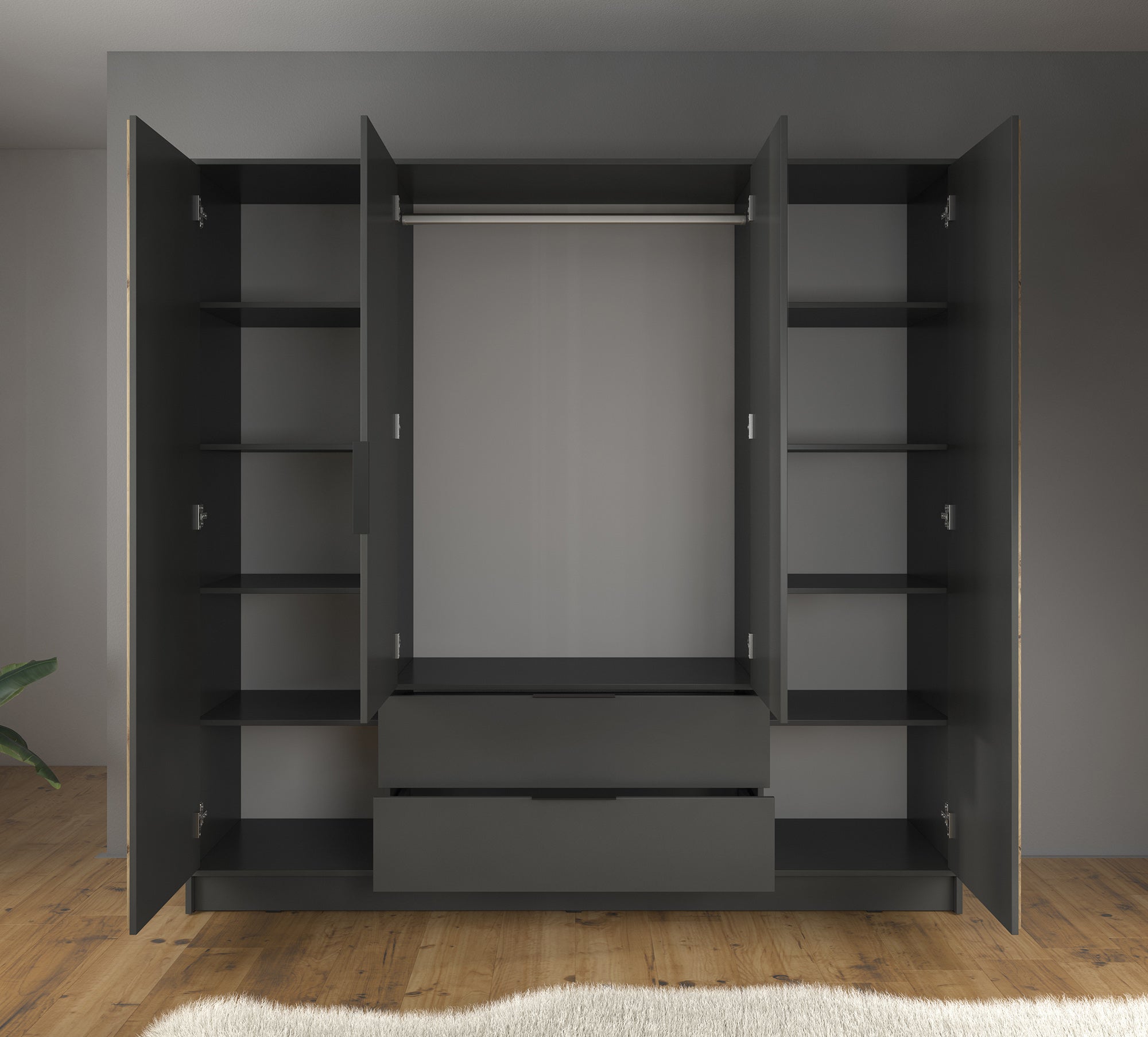 Nairobi - Kledingkast 4-deurs - Antraciet/eiken  - 206x51x200 cm
