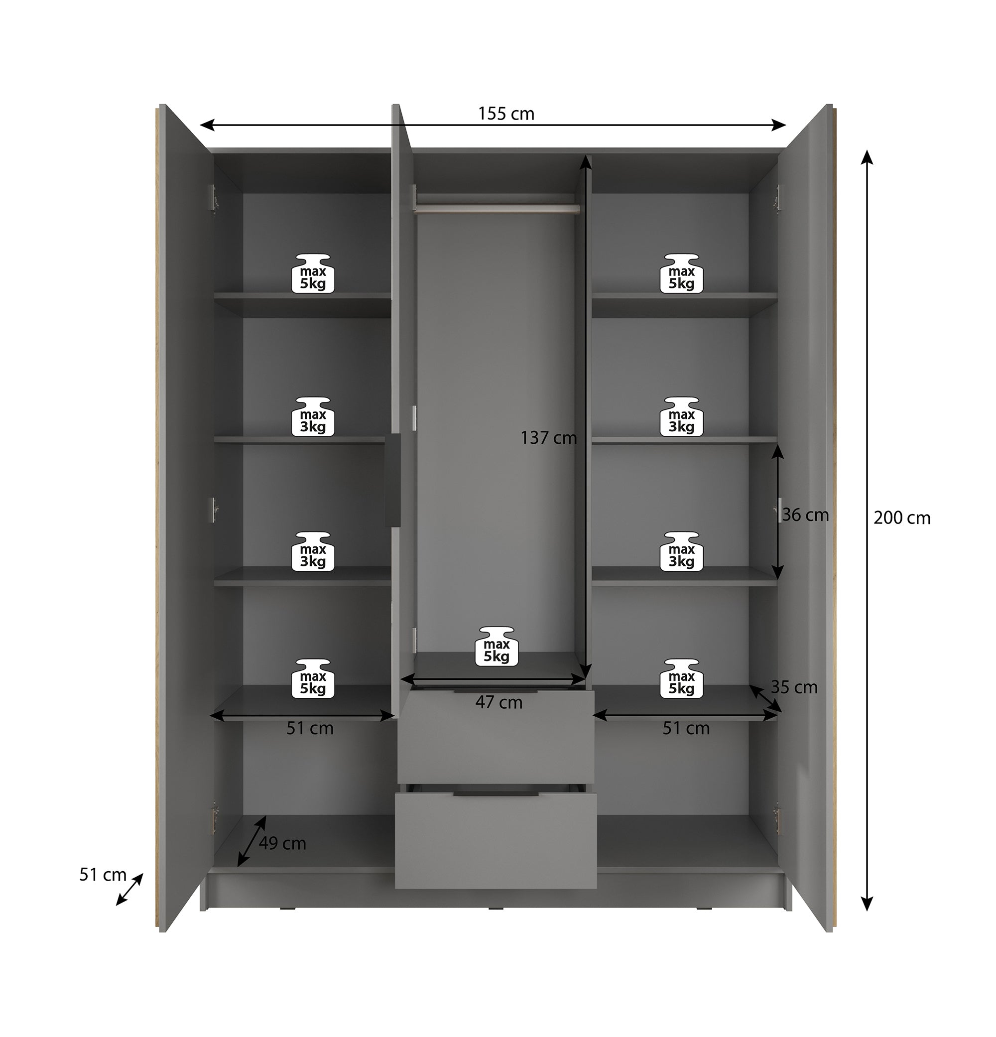 Nairobi - Kledingkast 3-deurs - Antraciet/eiken  - 155x51x200 cm