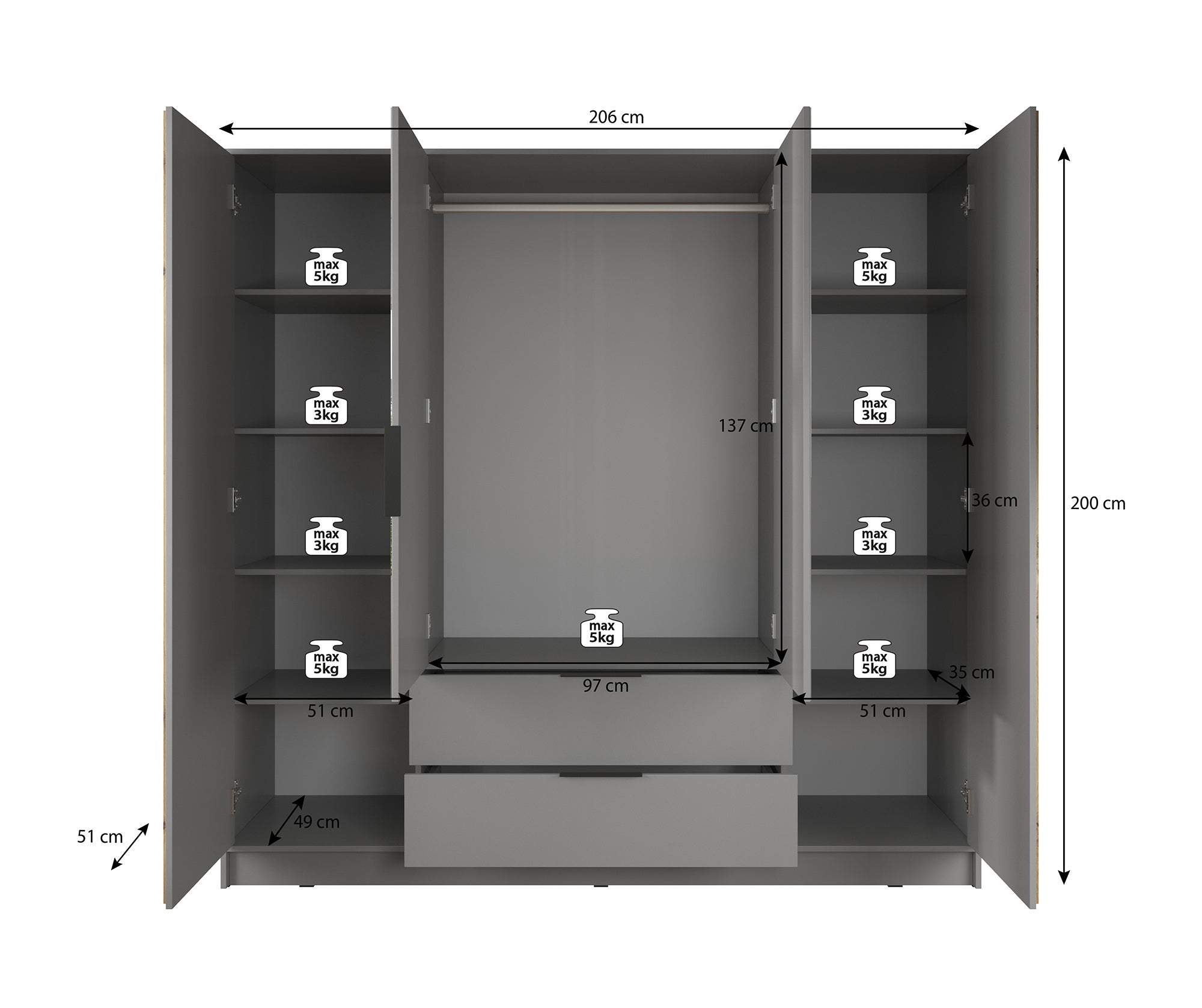 Nairobi - Kledingkast 4-deurs - Antraciet/eiken  - 206x51x200 cm