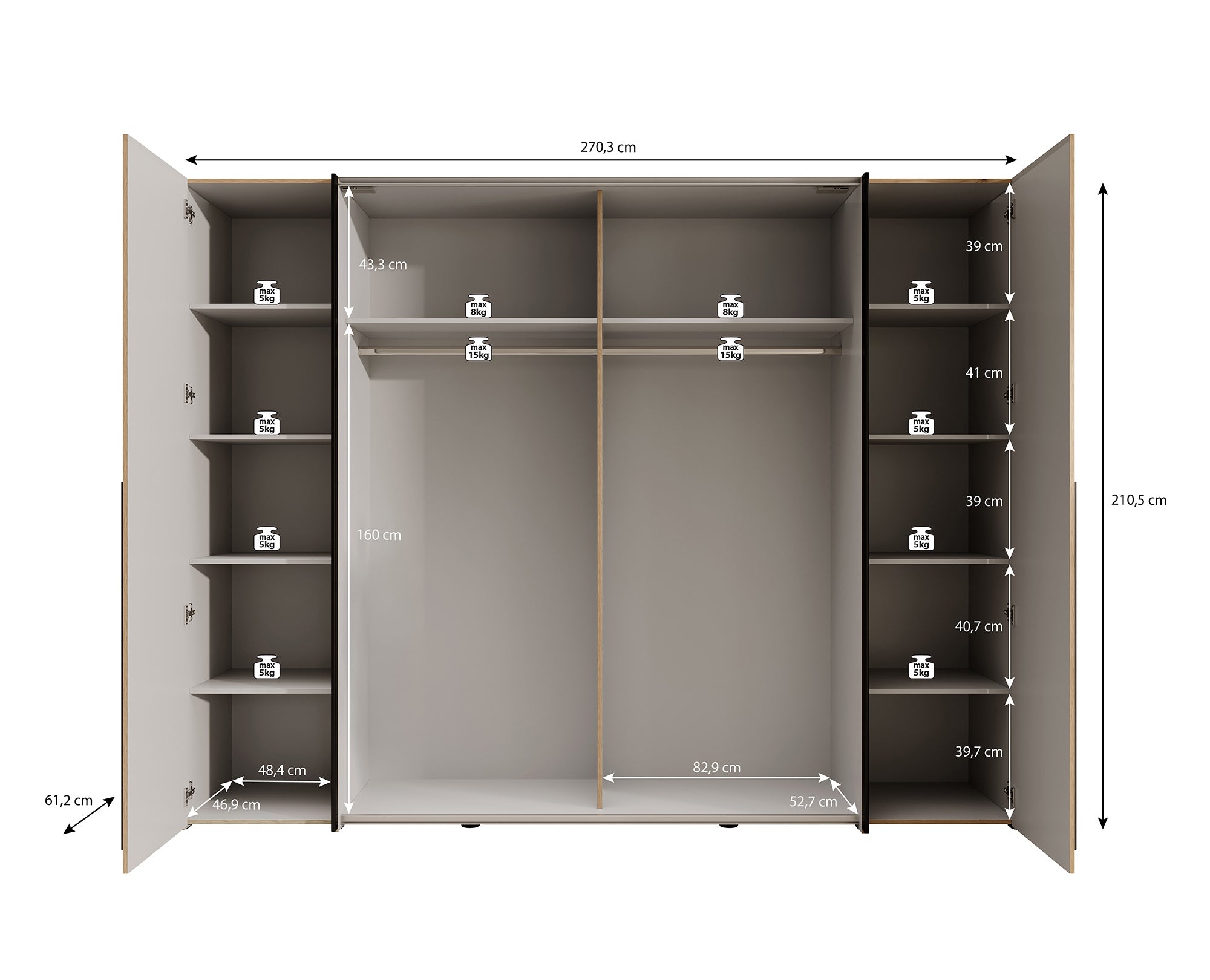 Nassau - Kledingkast met schuifdeuren - Eiken/grijs - 270x61x210 cm