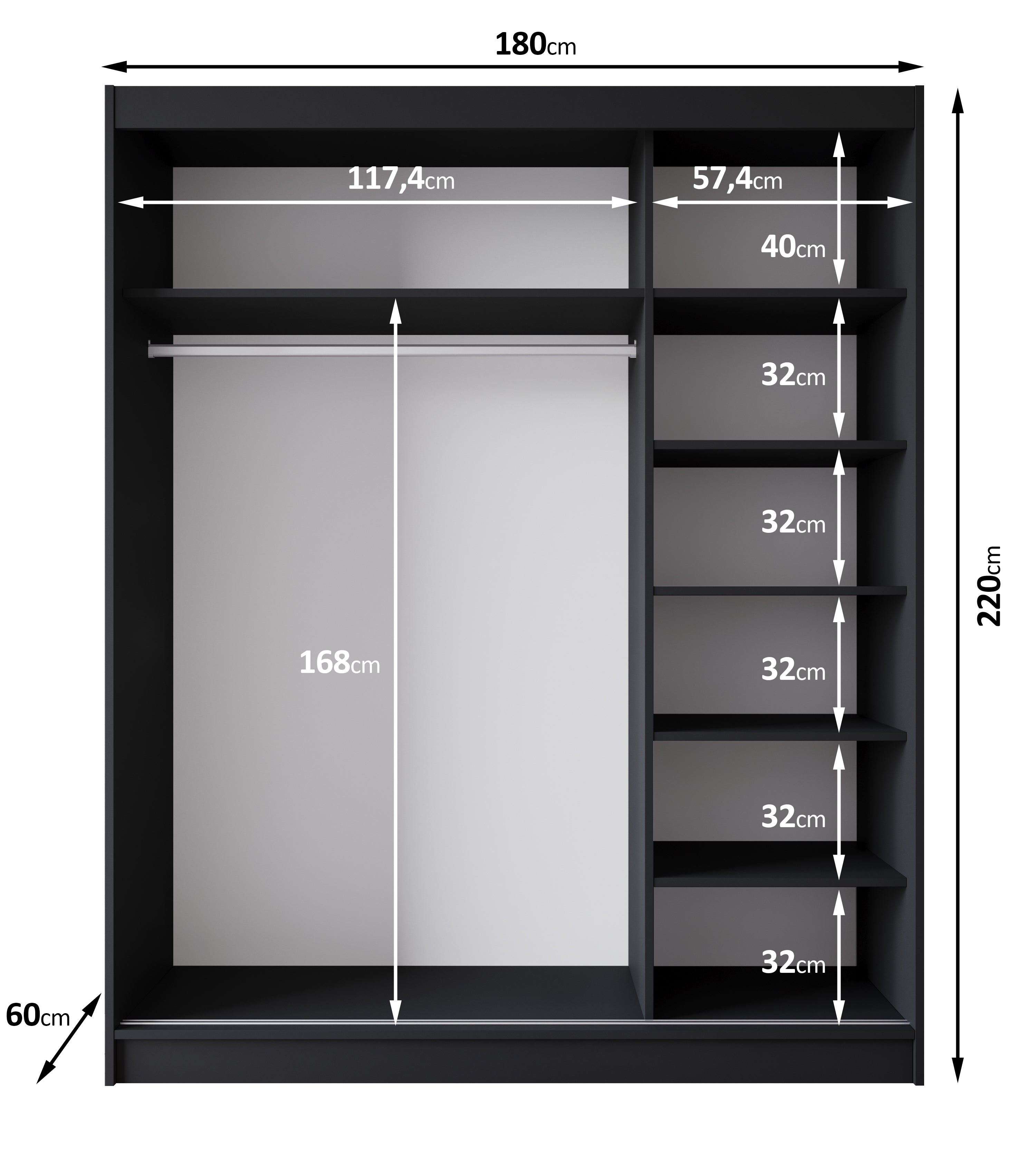 Paraguay - Kledingkast met spiegel - Zwart  - 180x60x220 cm
