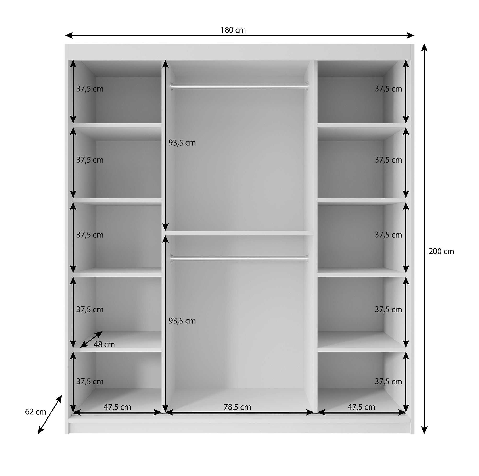 Pete - Kledingkast met schuifdeuren - Wit - 180x62x200 cm