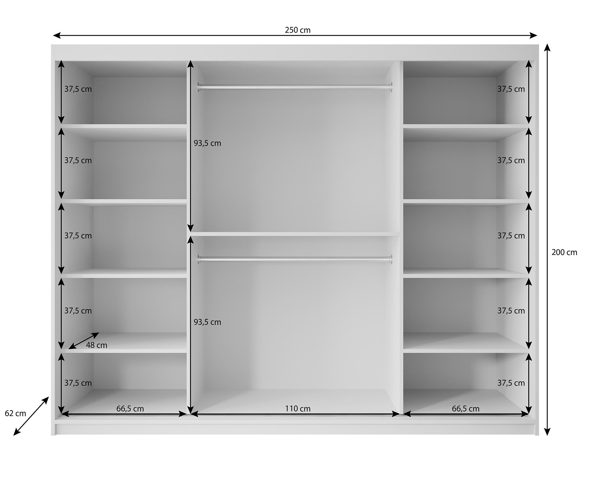 Pete - Kledingkast met schuifdeuren - Wit - 250x62x200 cm