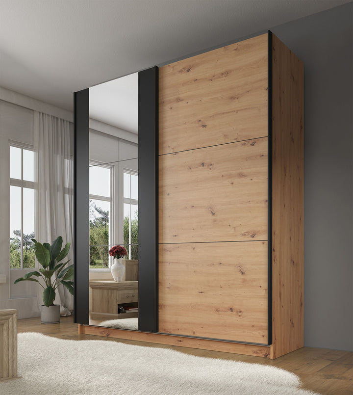 Saturn - Kledingkast met schuifdeuren - Eiken/zwart - 179x63x210 cm