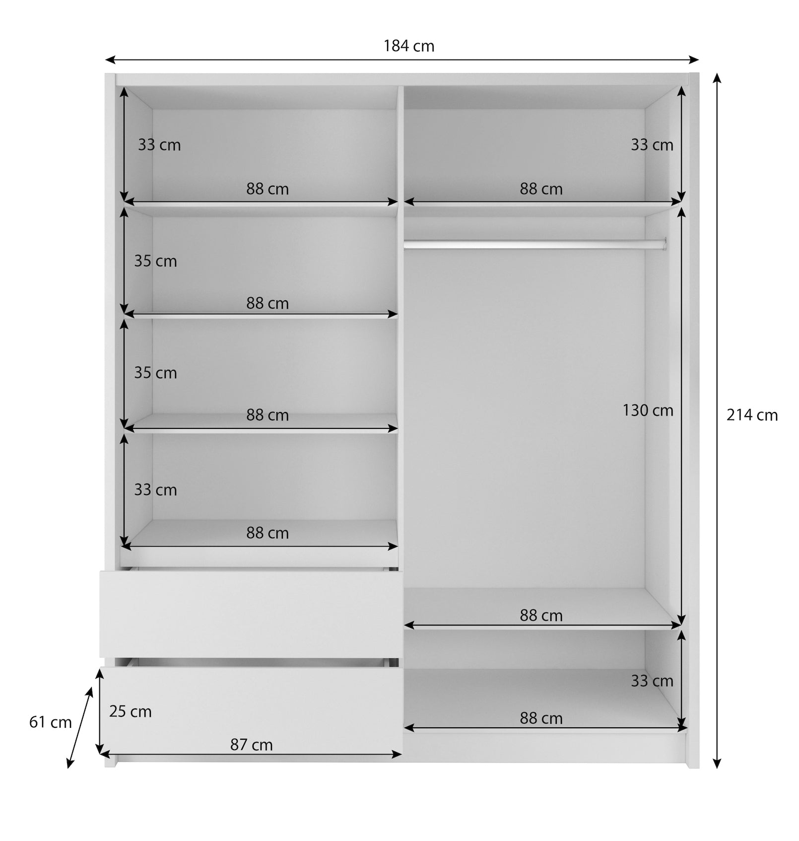 Sento - Kledingkast met schuifdeuren - Wit - 184x61x214 cm
