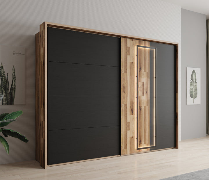 Serena - Kledingkast met schuifdeuren - Zwart/eiken - 281x64x216 cm