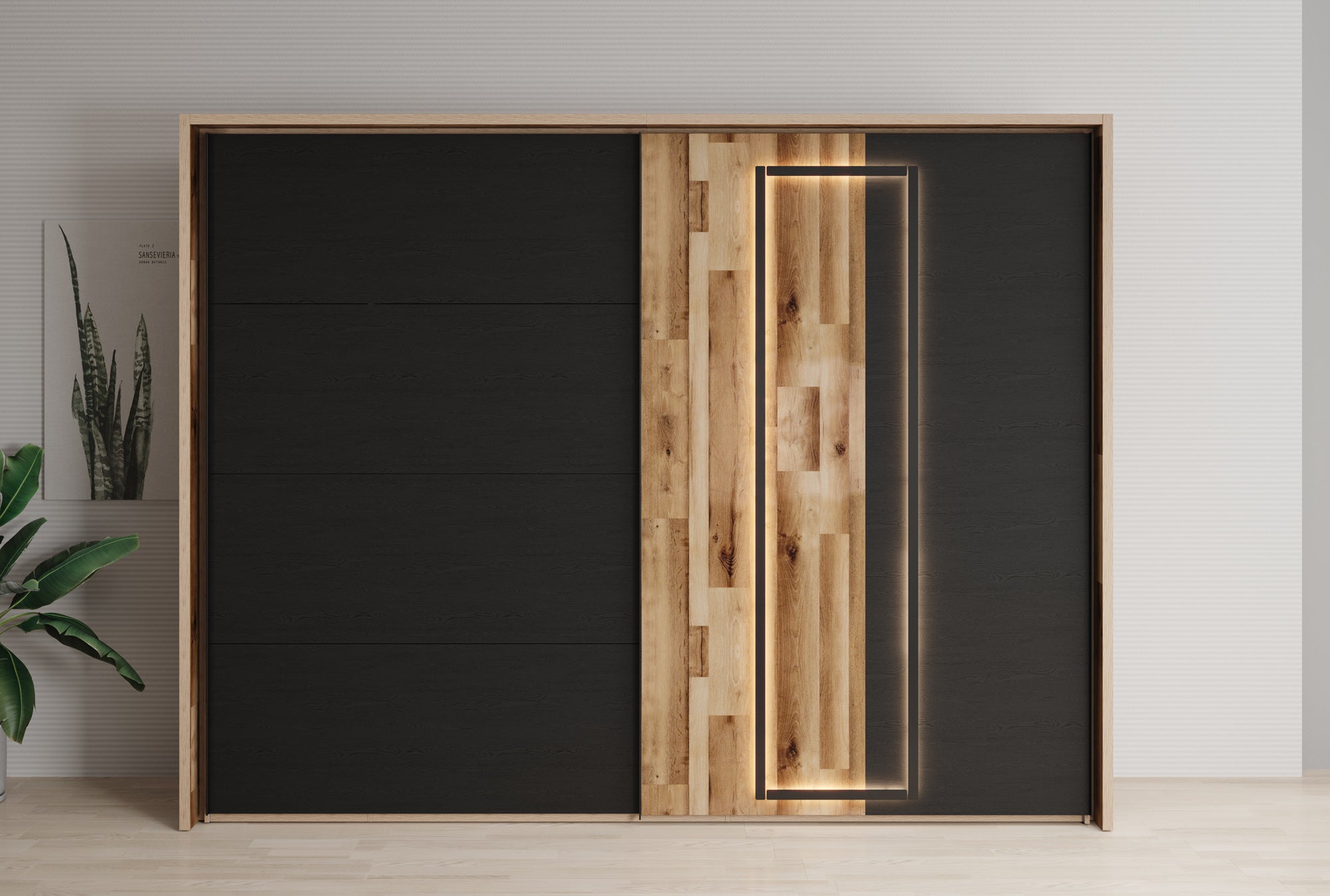 Serena - Kledingkast met schuifdeuren - Zwart/eiken - 281x64x216 cm