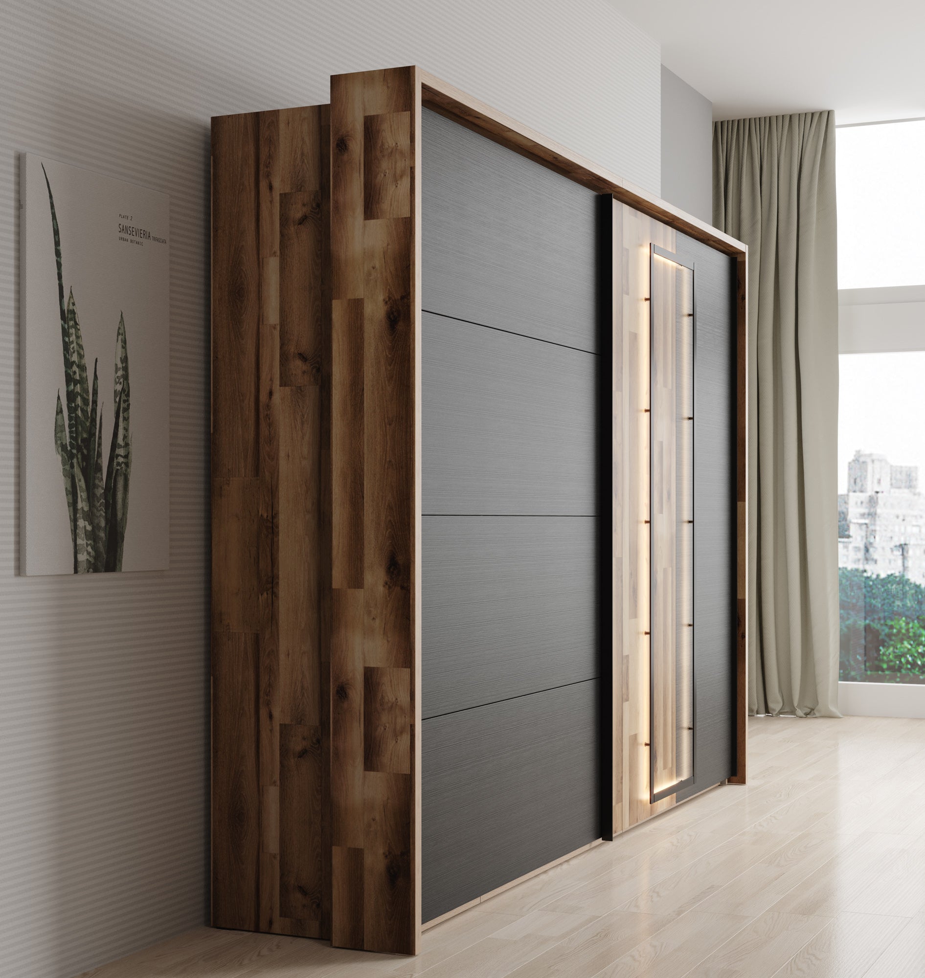 Serena - Kledingkast met schuifdeuren - Zwart/eiken - 281x64x216 cm