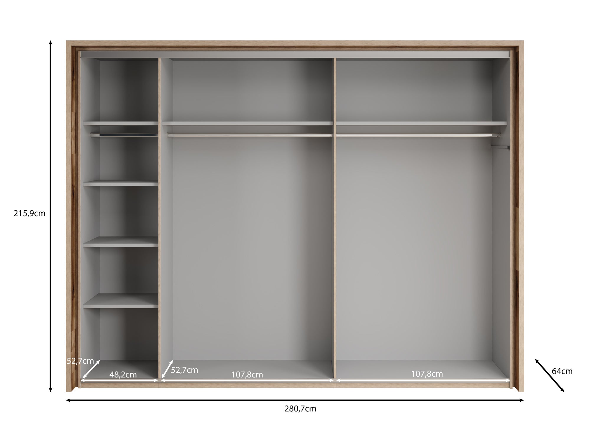Serena - Kledingkast met schuifdeuren - Zwart/eiken - 281x64x216 cm