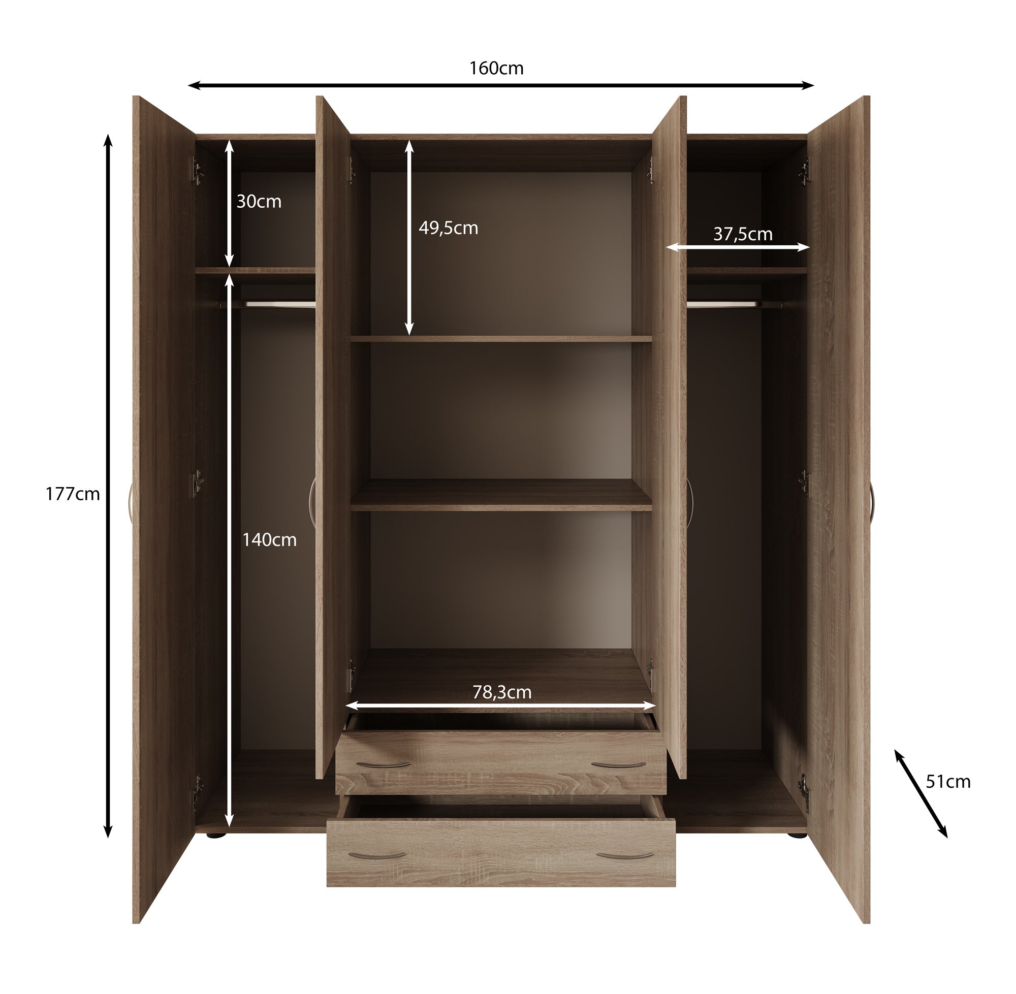 Serra - Kledingkast 4-deurs - Wit - 160x51x177 cm